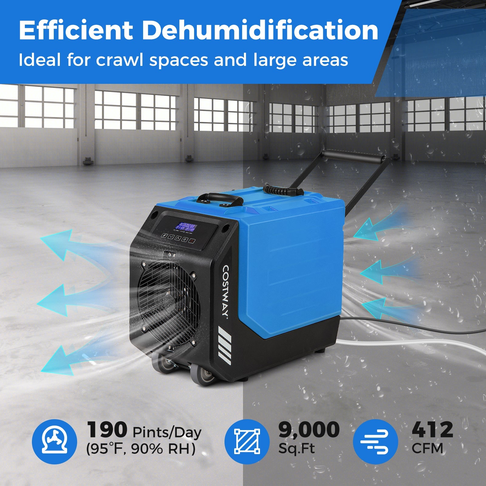 190 PPD Commercial Dehumidifier with Pump and 2 Wheels-Blue