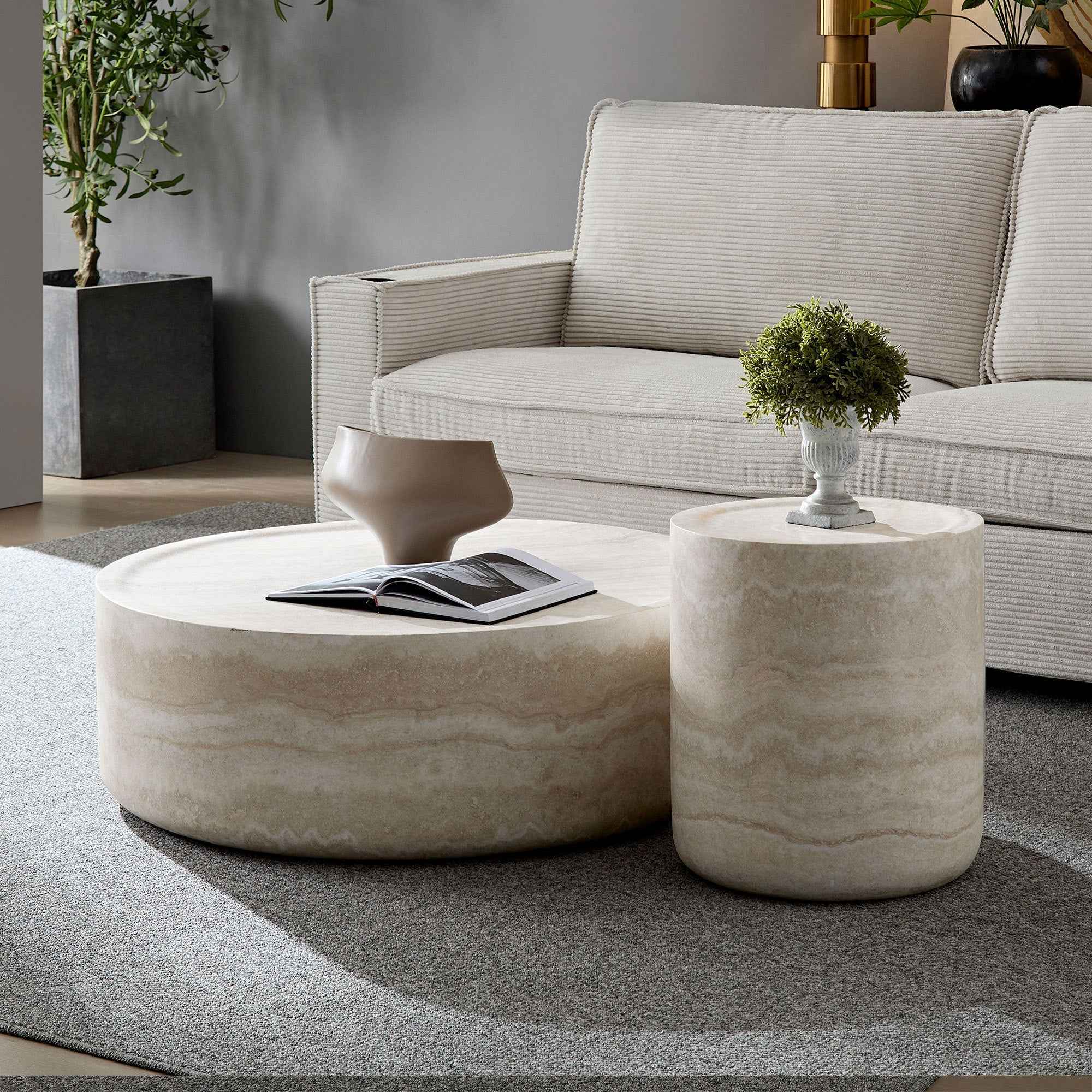 Set of 2 Faux MARS Pattern Coffee Tables side Table Round Tea Faux
