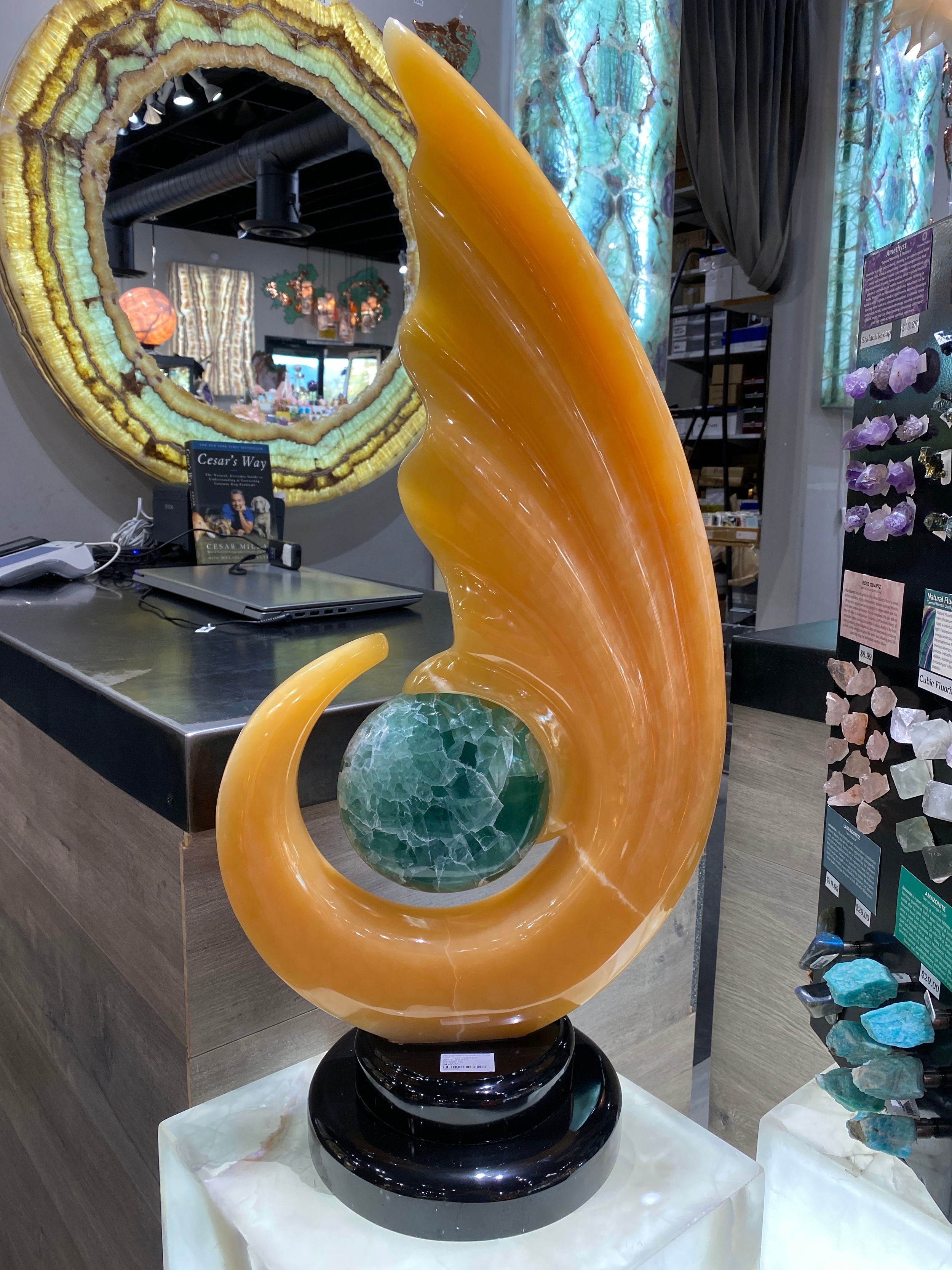 Meil Onyx Abstract Sculpture with Fluorite Center and Black Marble Base
