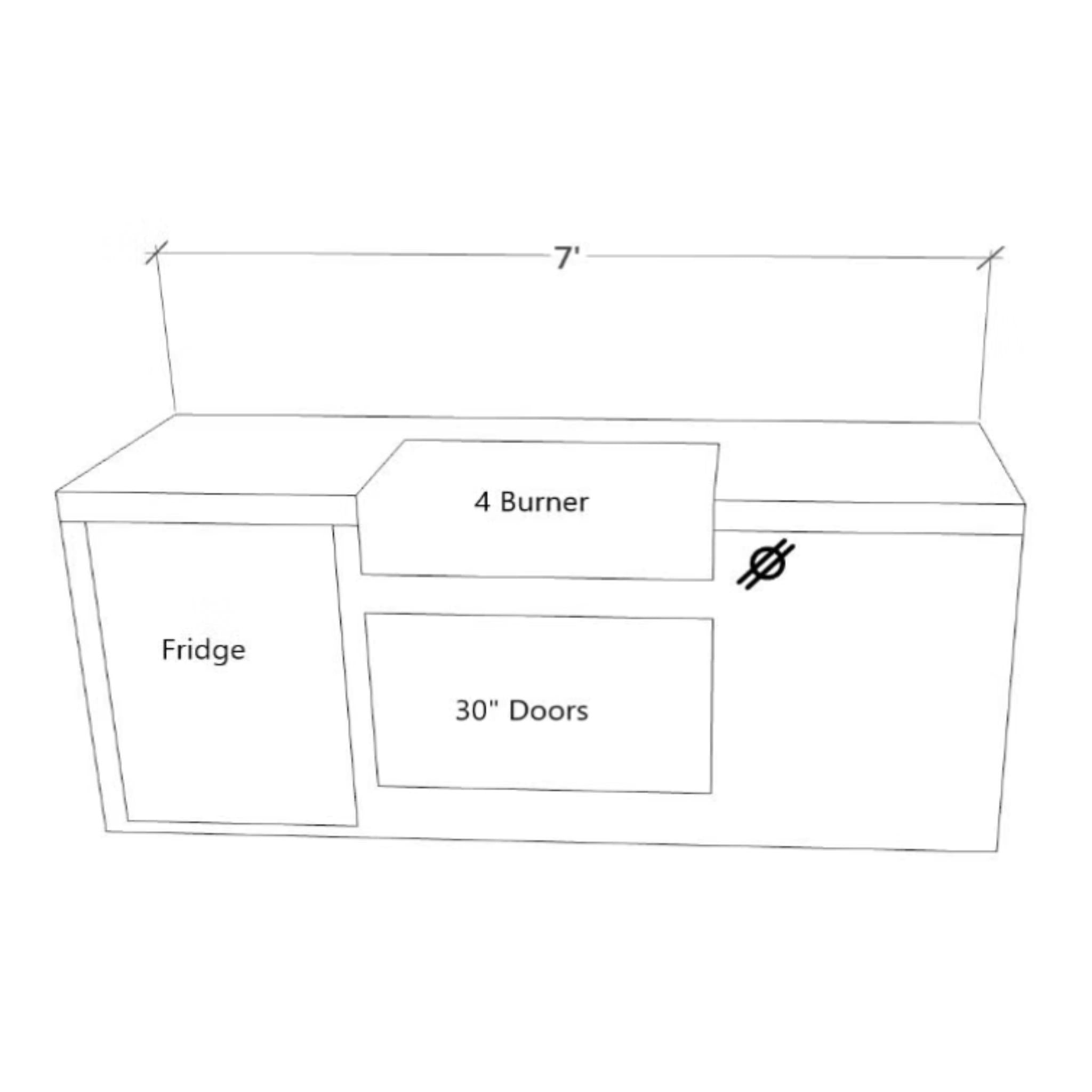 Diagram of a kitchen layout with labeled sections for fridge, 4 burner stove, and 30-inch doors.