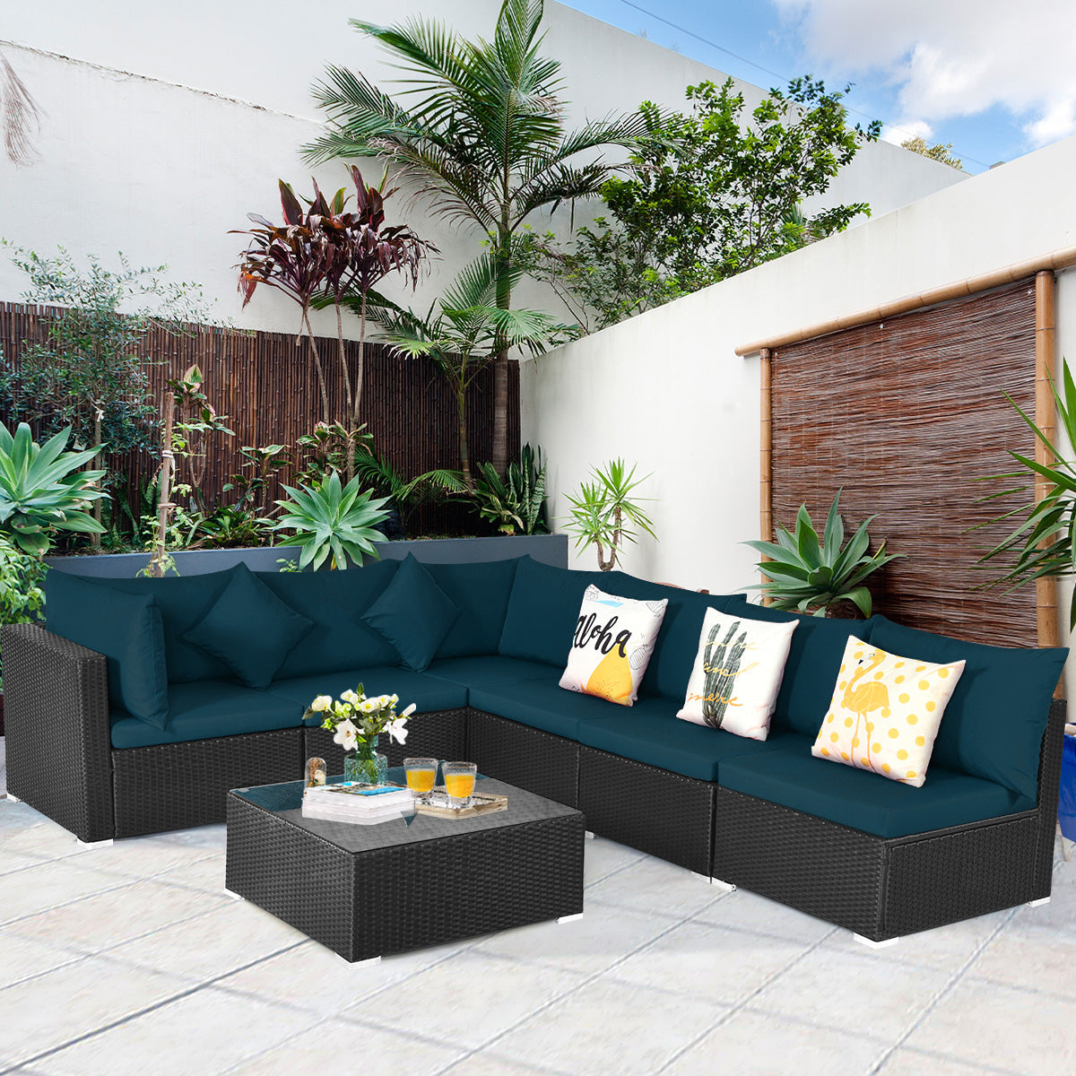 7 Pieces Sectional Wicker Furniture Sofa Set with Tempered Glass Top-Peacock Blue