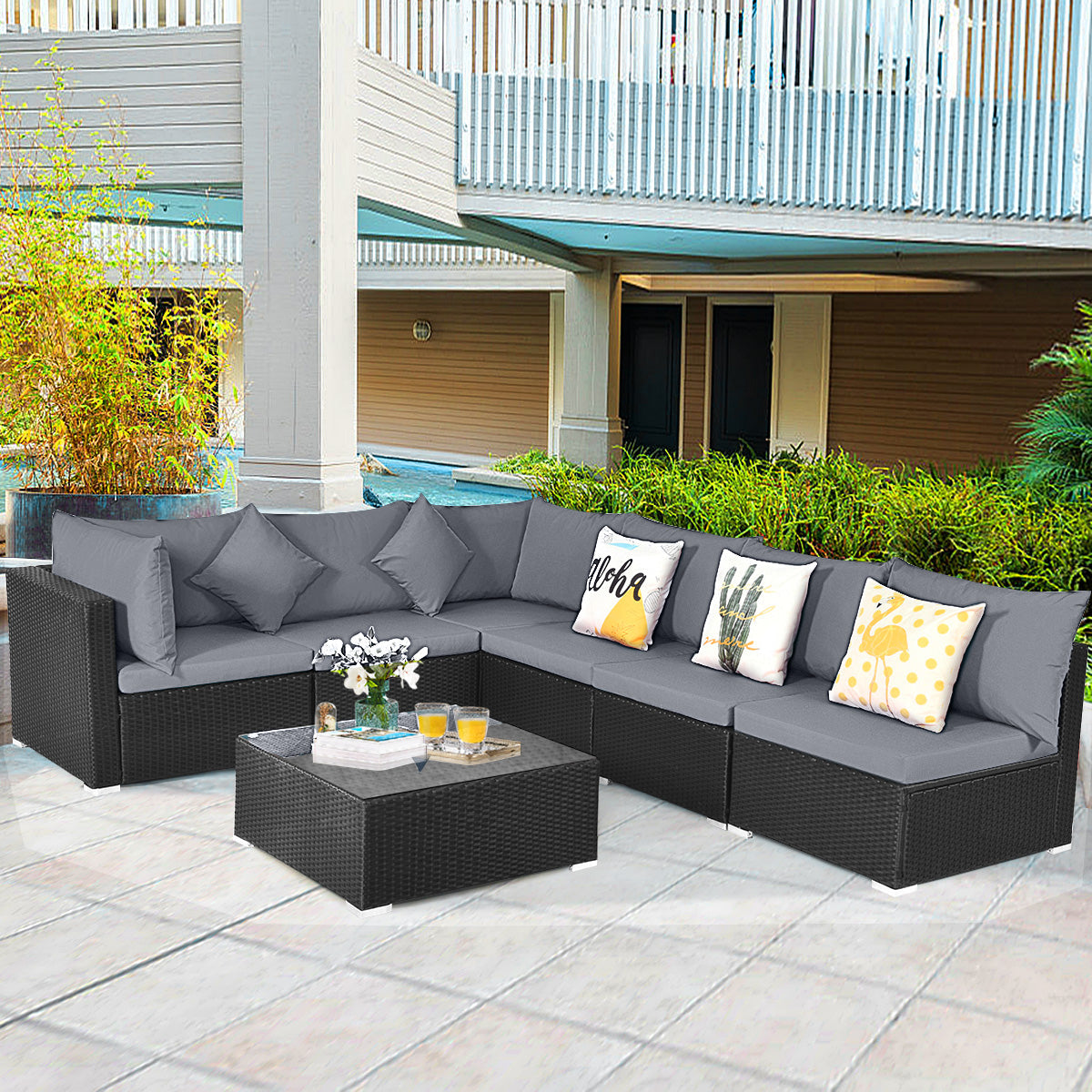 7 Pieces Sectional Wicker Furniture Sofa Set with Tempered Glass Top Coffee Table-Gray