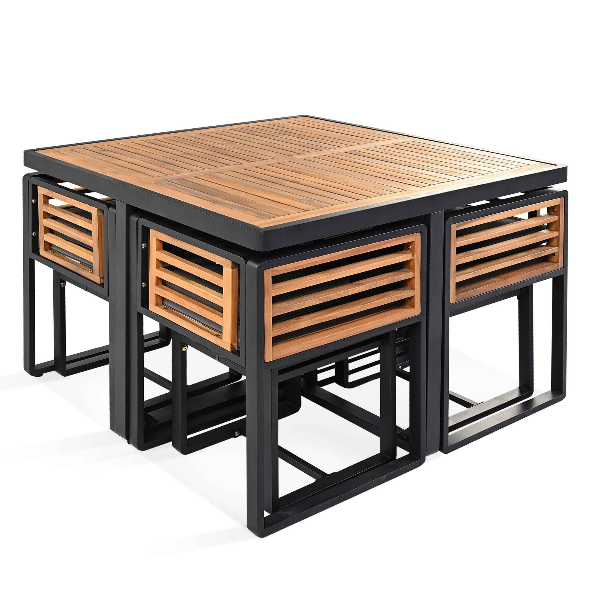 9-Pieces Acacia Wood Patio Dining Set, Space Saving Outdoor Patio Set,