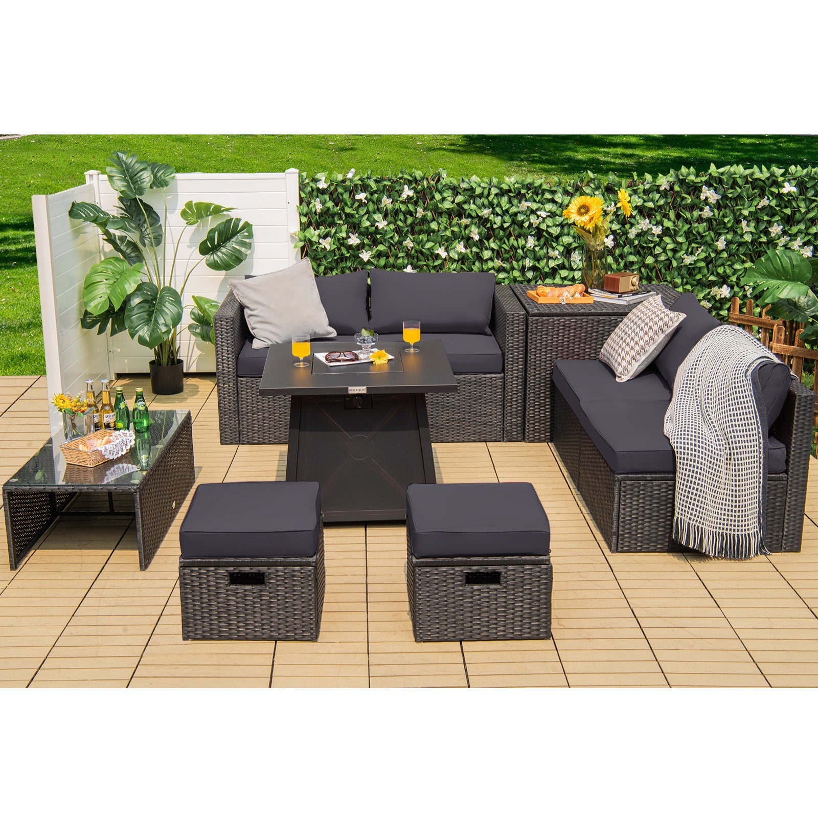 9 Piece Weatherproof Rattan Patio Conversation Set with 30 Inches Propane Fire Pit Table and Dust Covers-Gray