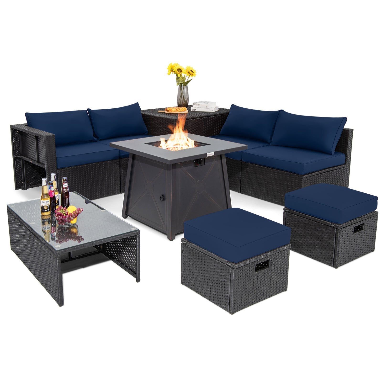 9 Piece Weatherproof Rattan Patio Conversation Set with 30 Inches Propane Fire Pit Table and Dust Covers-Navy
