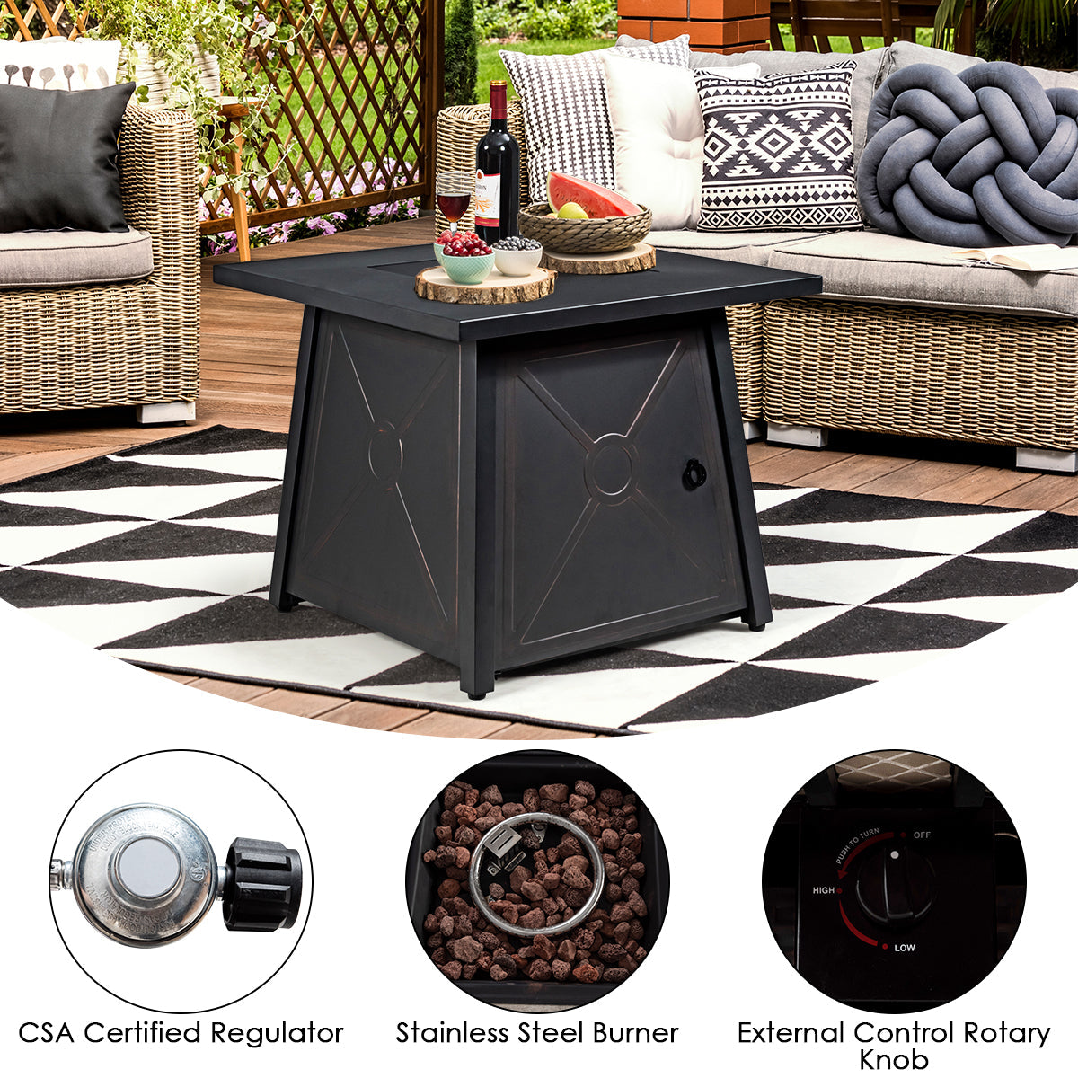 9 Piece Weatherproof Rattan Patio Conversation Set with 30 Inches Propane Fire Pit Table and Dust Covers-Navy