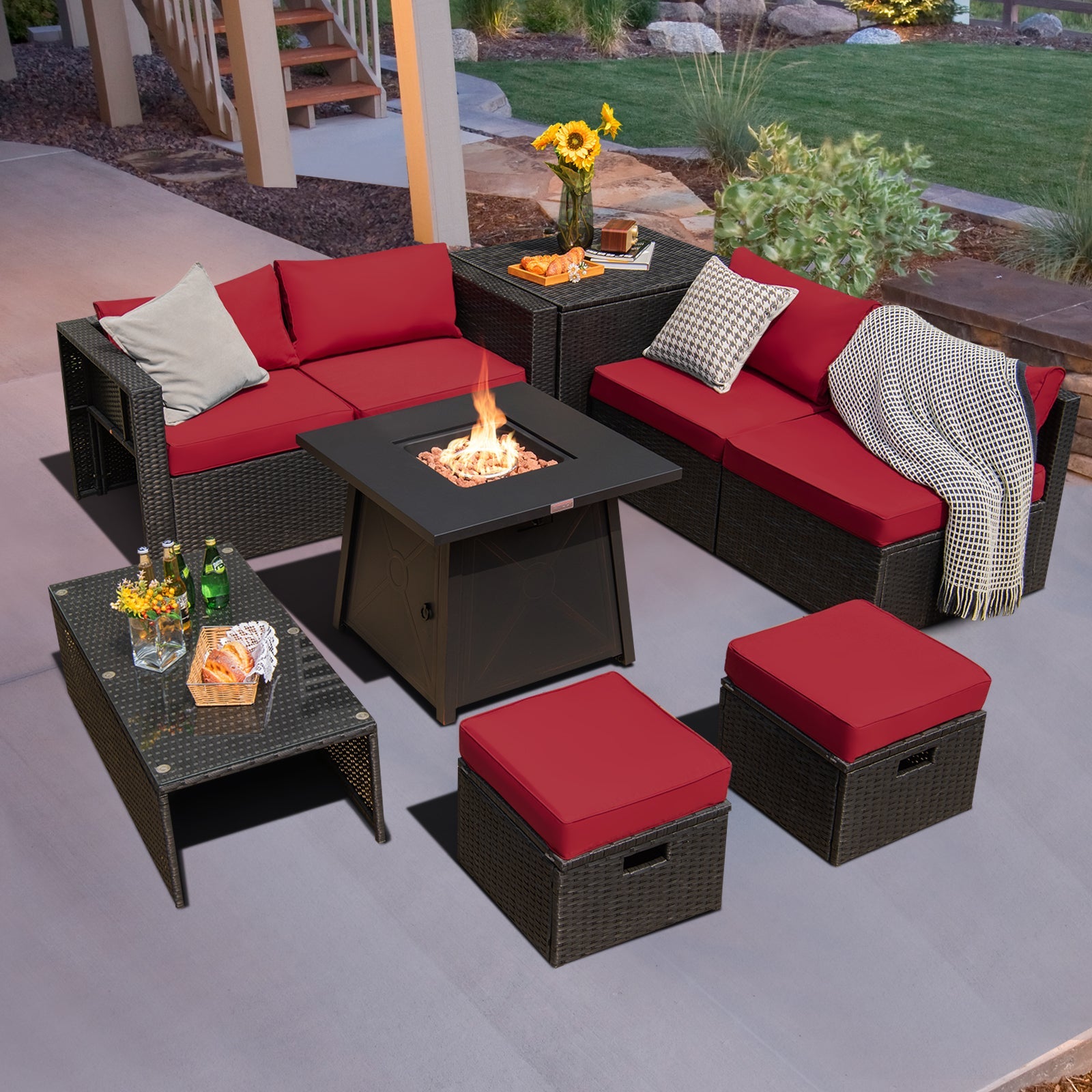 9 Piece Weatherproof Rattan Patio Conversation Set with 30 Inches Propane Fire Pit Table and Dust Covers-Red