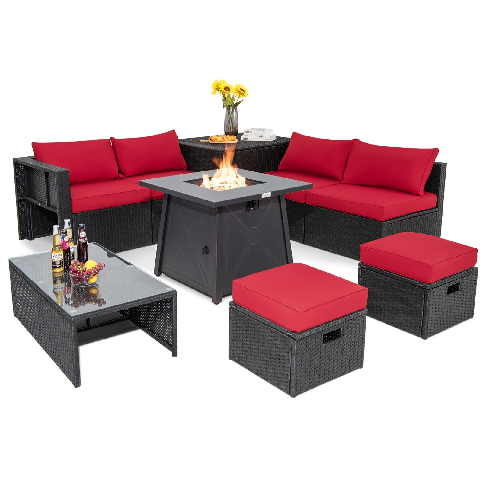 9 Piece Weatherproof Rattan Patio Conversation Set with 30 Inches Propane Fire Pit Table and Dust Covers-Red