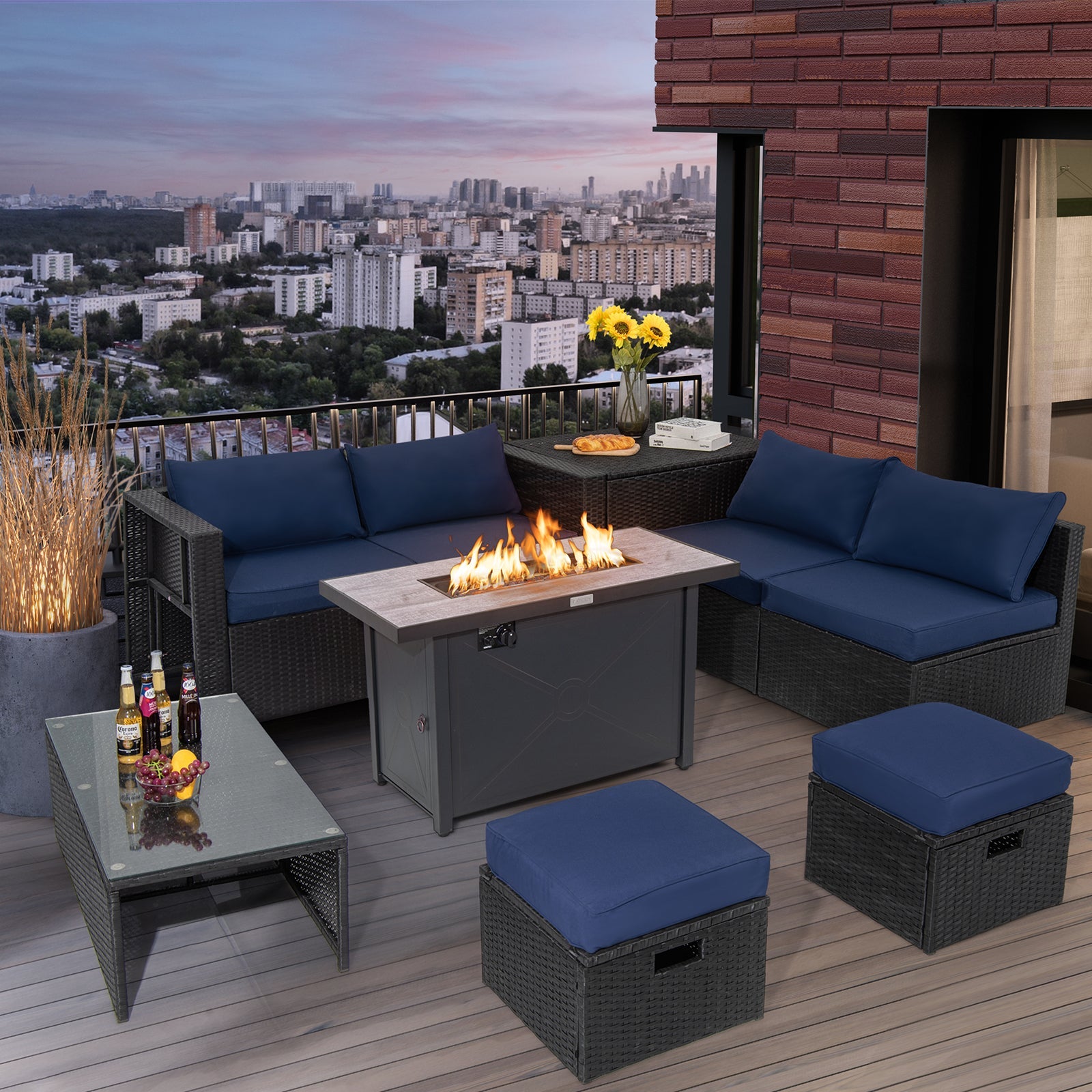9 Pieces Outdoor PE Rattan Wicker Sectional Sofa with 42 Inch 60 000 BTU Gas Fire Pit Table-Navy