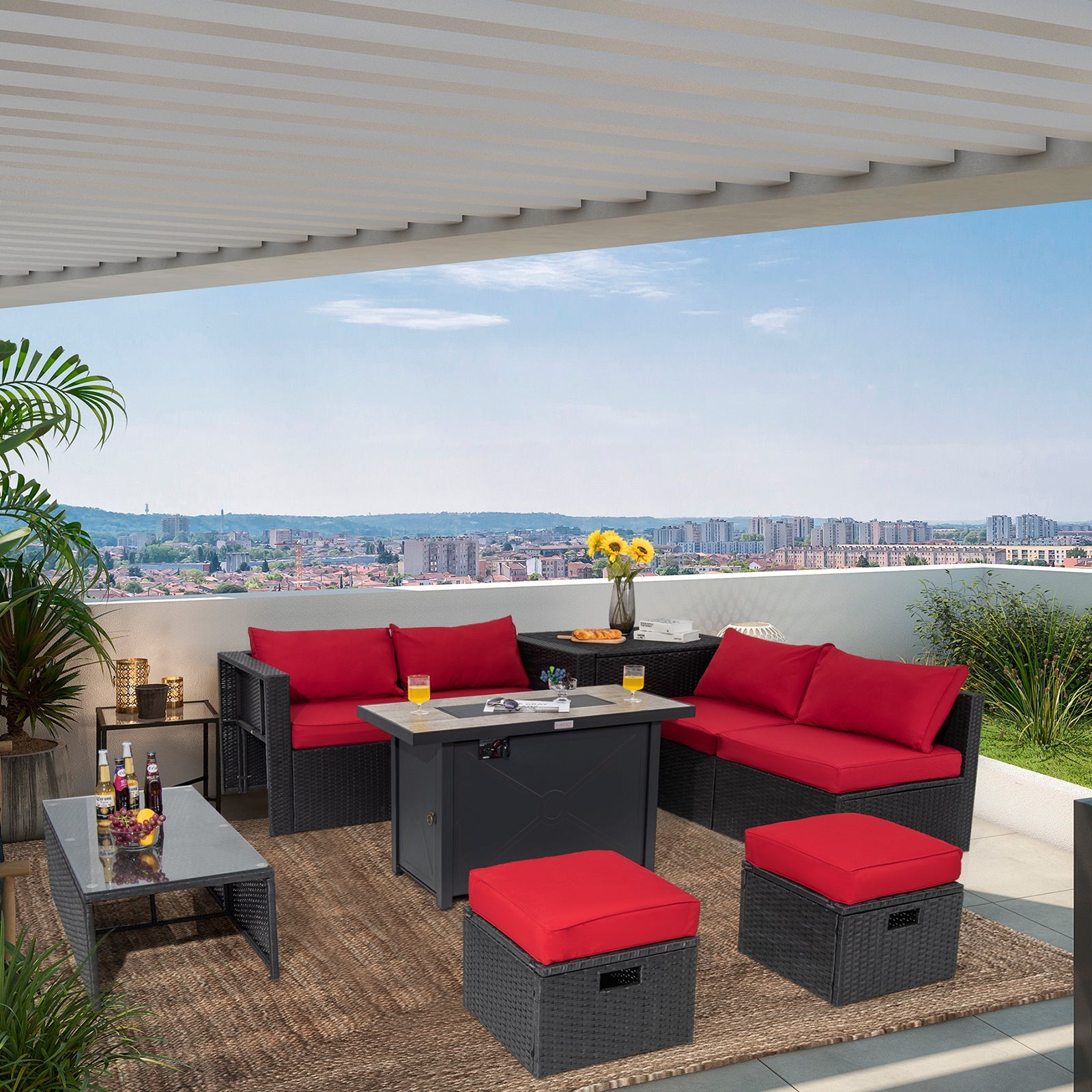 9 Pieces Outdoor PE Rattan Wicker Sectional Sofa with 42 Inch 60 000 BTU Gas Fire Pit Table-Red