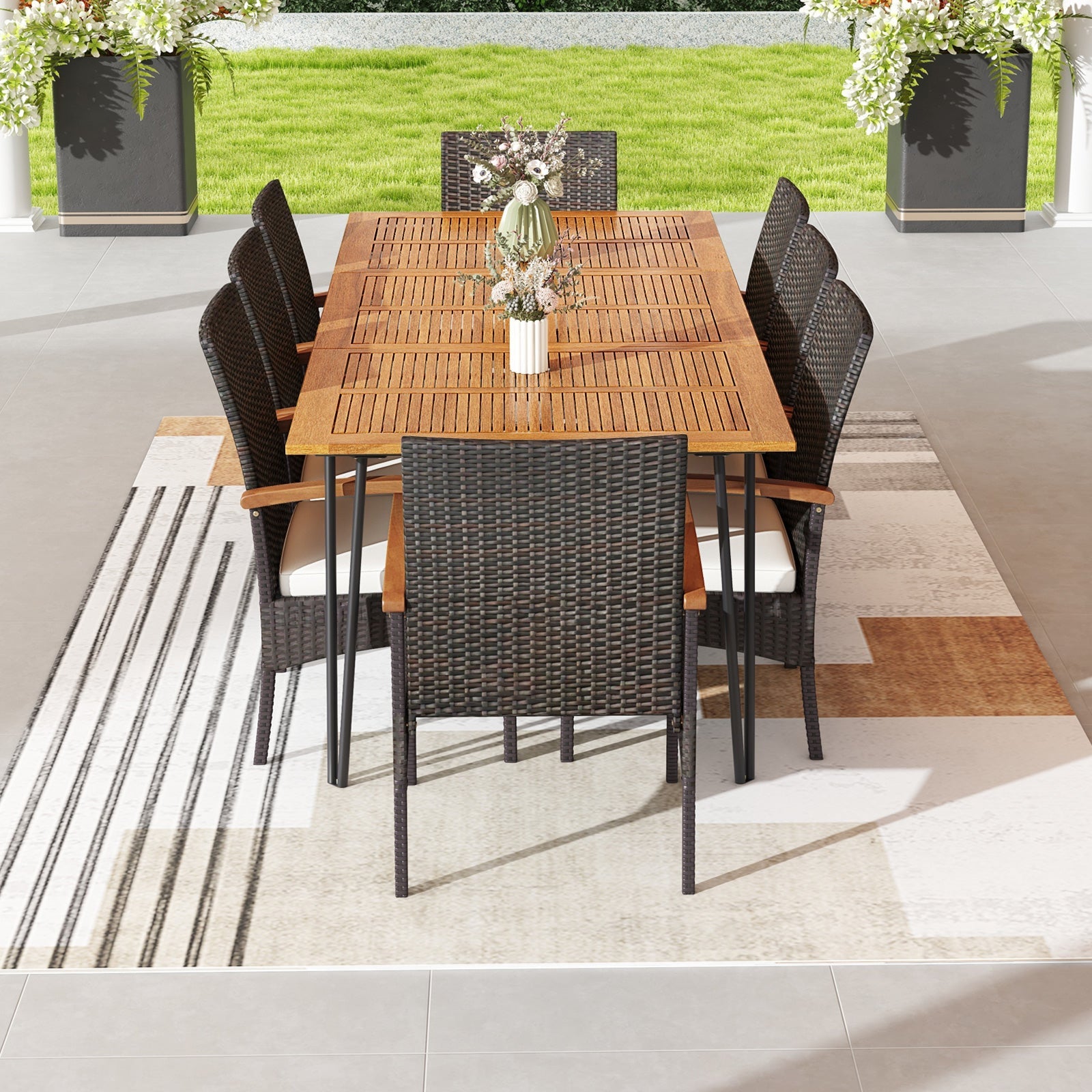 9 Pieces Outdoor Patio Dining Set with Acacia Wood Square Table and Umbrella Hole