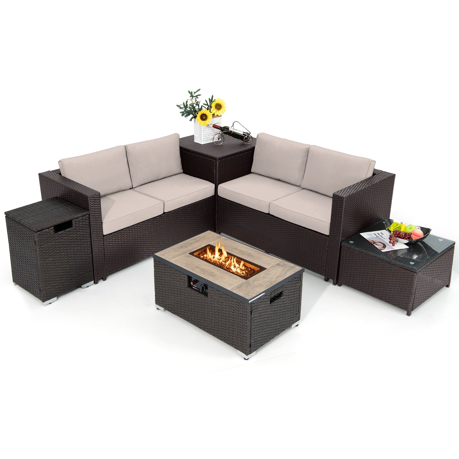 6 Pieces Outdoor Wicker Furniture Set with 32 Inch Propane Fire Pit Table-Beige