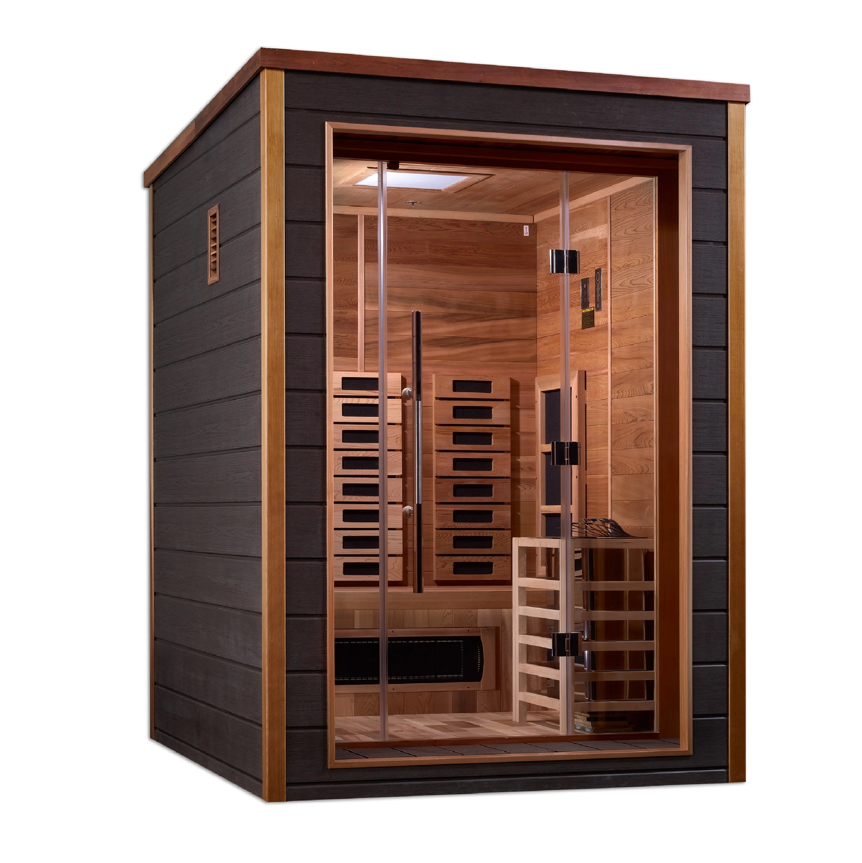 Golden Designs Nora 2 Person Outdoor-Indoor PureTech™ Hybrid Full Spectrum Sauna – Canadian Red Cedar Interior GDI-8222-01