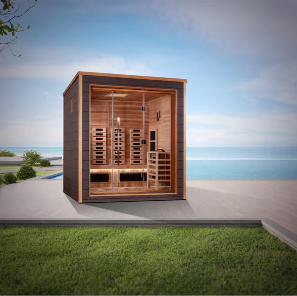 Golden Designs Visby 3 Person Outdoor-Indoor PureTech™ Hybrid Full Spectrum Sauna – Canadian Red Cedar Interior GDI-8223-01