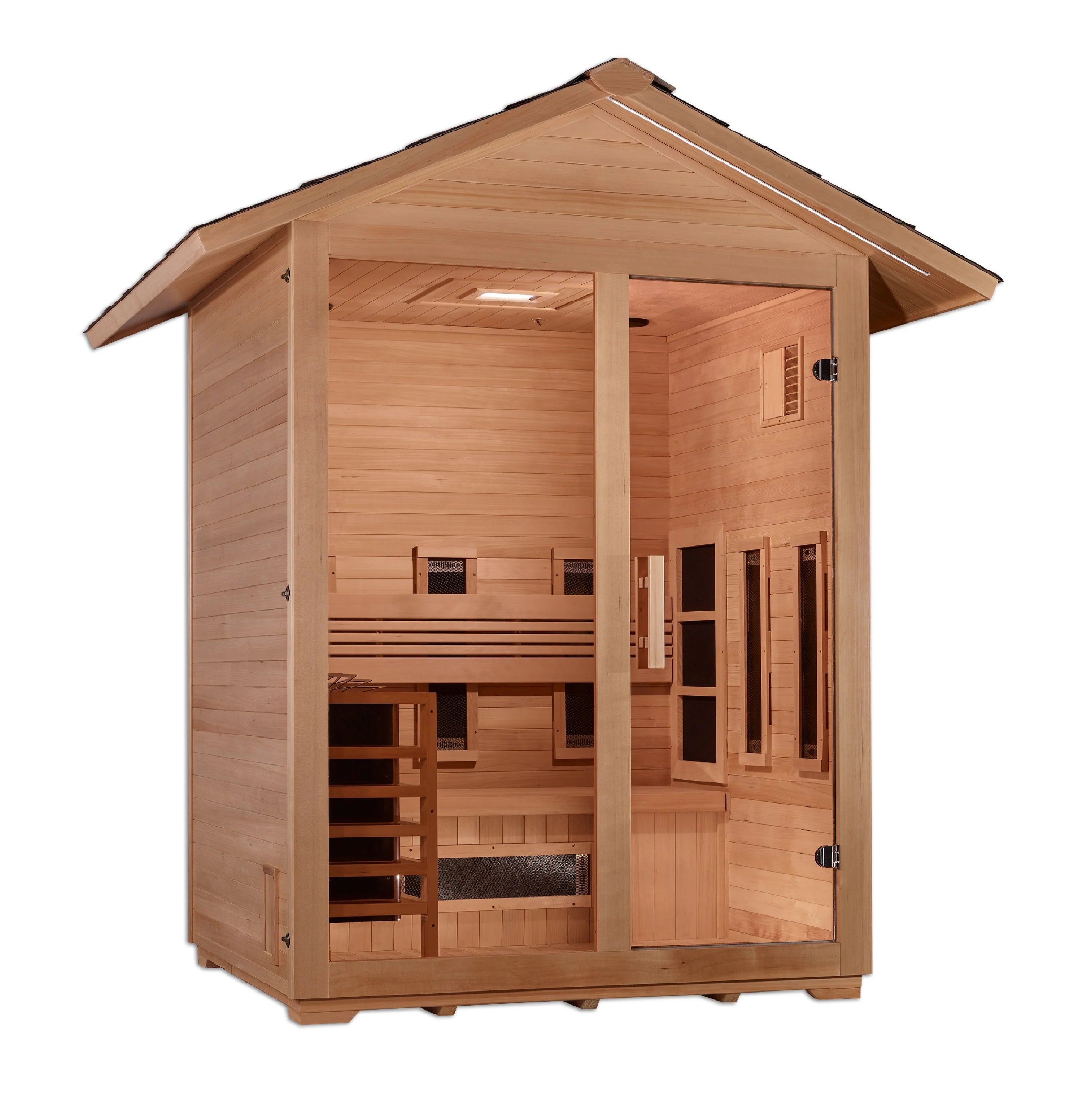 Golden Designs Carinthia 3 Person Hybrid (PureTech™ Full Spectrum IR or Traditional Stove) Outdoor Sauna – Canadian Hemlock GDI-8123-01