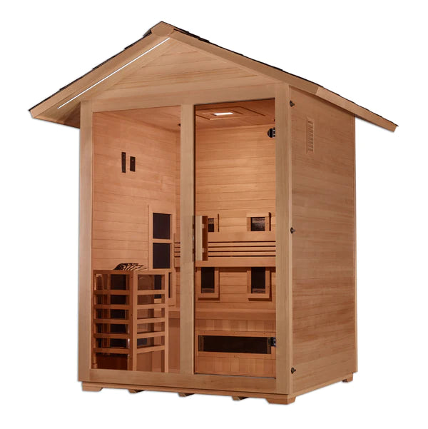 Golden Designs Carinthia 3 Person Hybrid (PureTech™ Full Spectrum IR or Traditional Stove) Outdoor Sauna – Canadian Hemlock GDI-8123-01