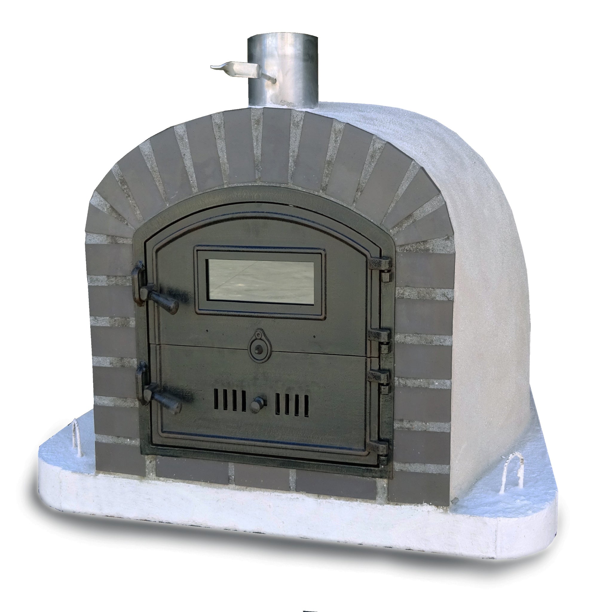 Wood-fired oven with stone exterior on a white background