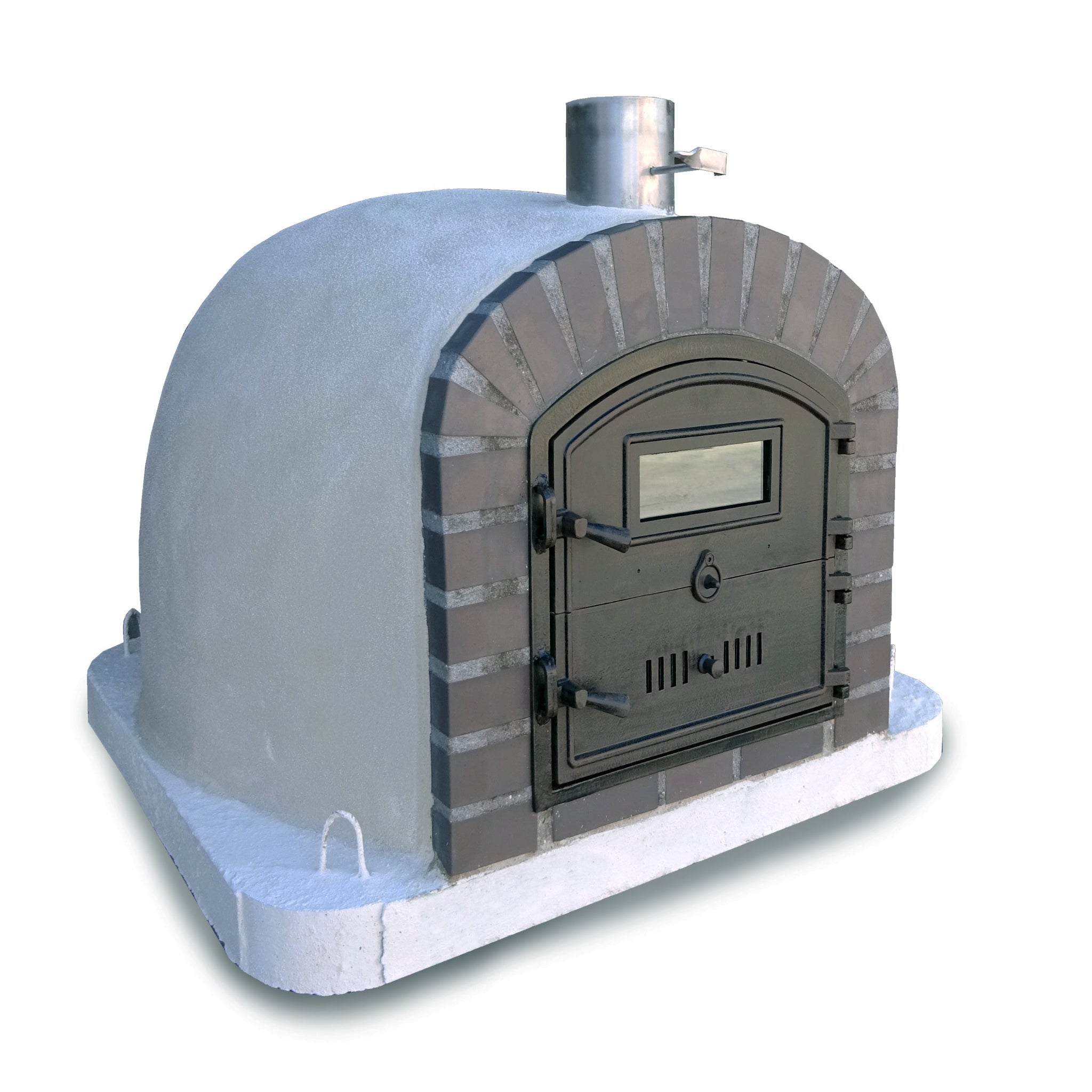 Stone pizza oven with a metallic finish on a white background