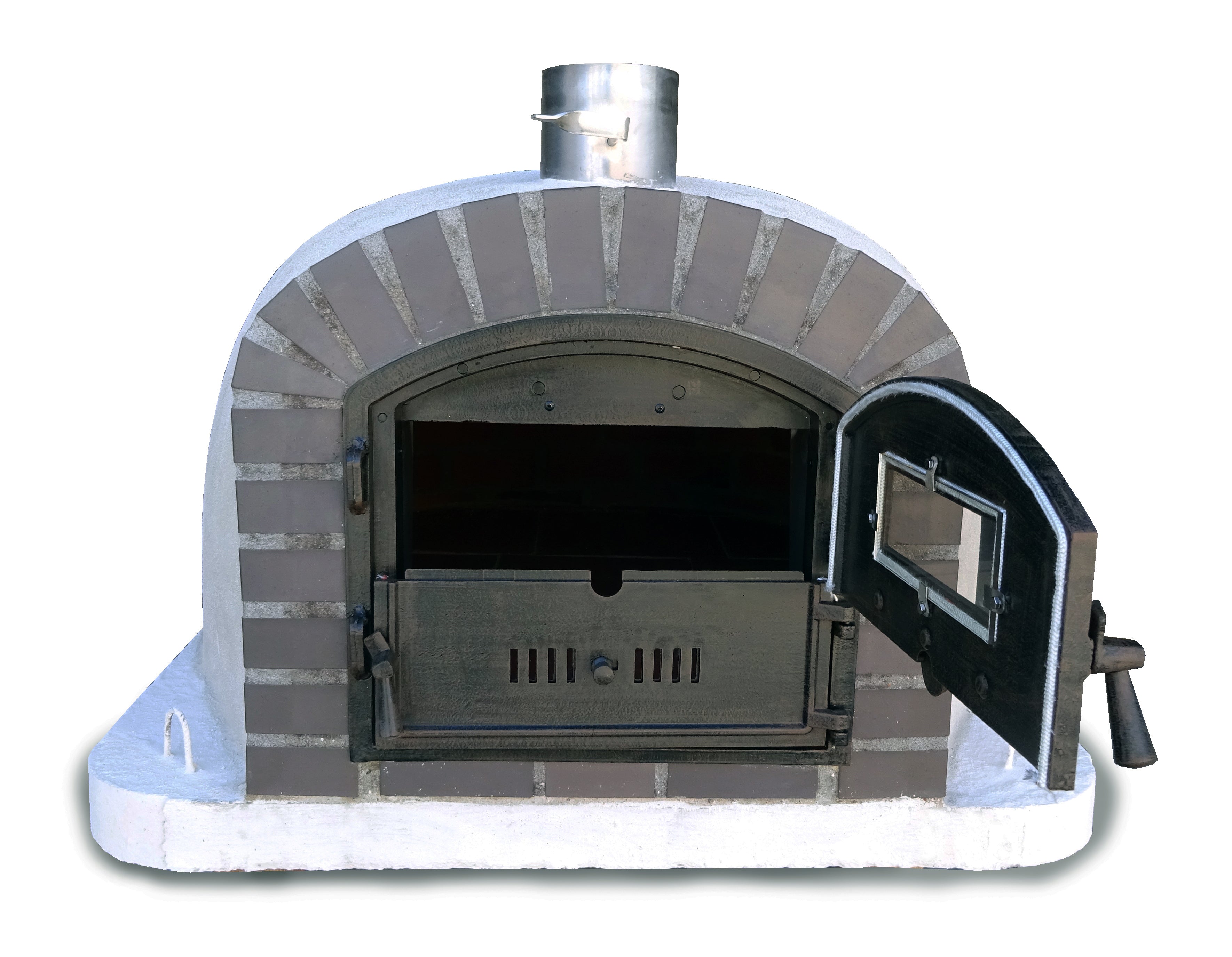 Stone-baked pizza oven with open door on a white background
