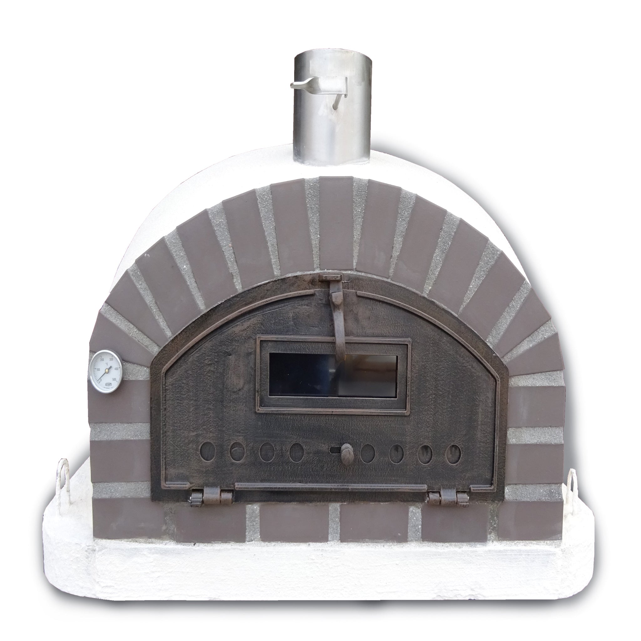 Brick oven with metal door on a white background