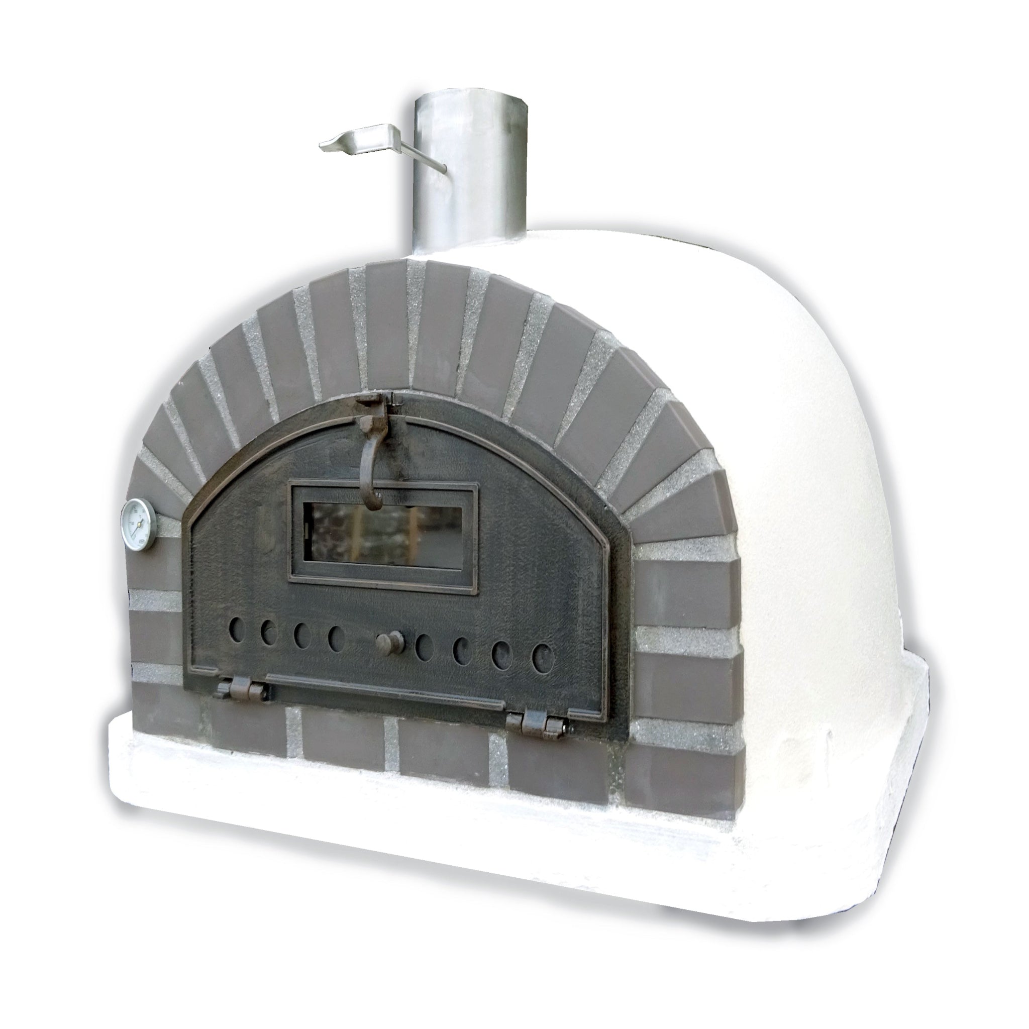 White outdoor pizza oven with brick design on a white background