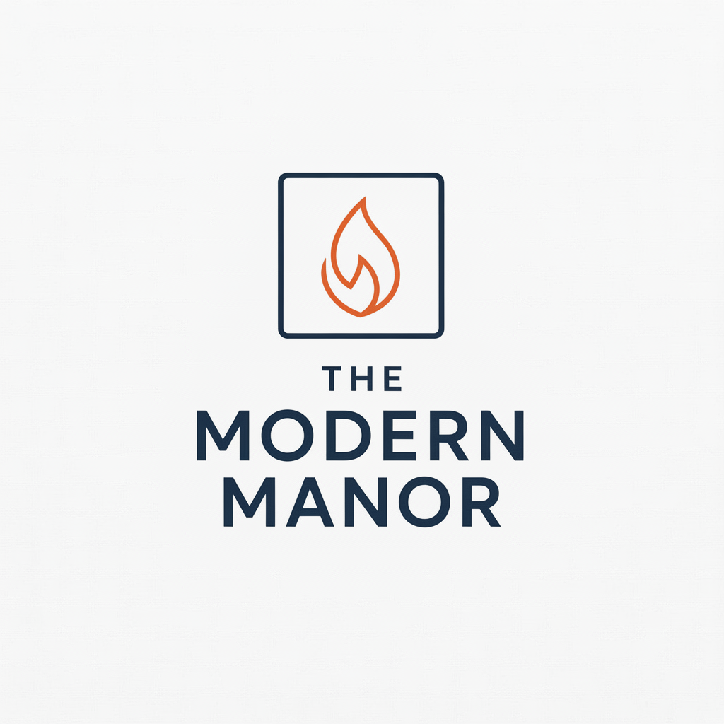 The Modern Manor logo featuring an orange flame icon inside a dark navy square outline, with the text 'THE MODERN MANOR' below in dark navy on a light gray background.