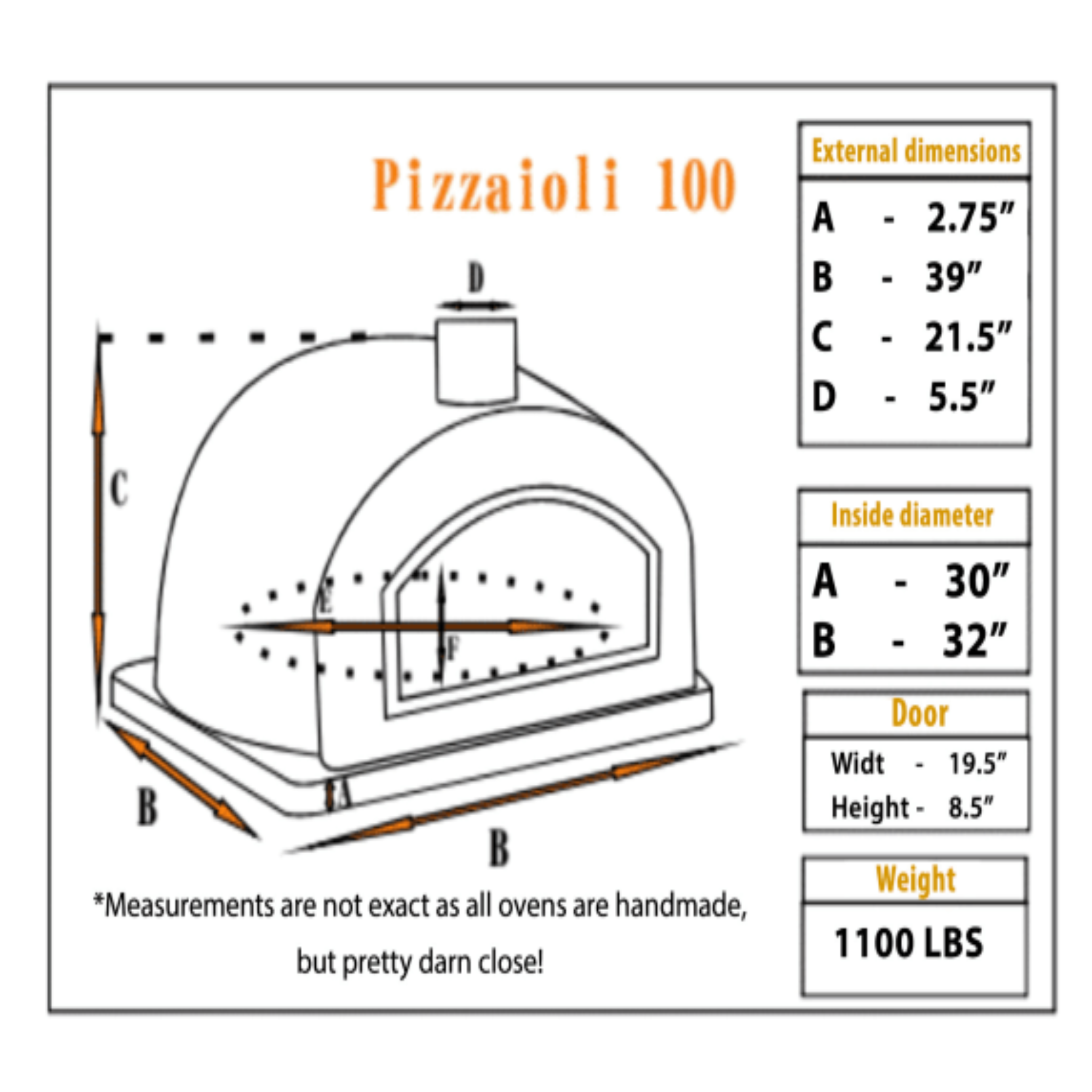 Diagram of a Pizzaioli 100 pizza oven with dimensions labeled