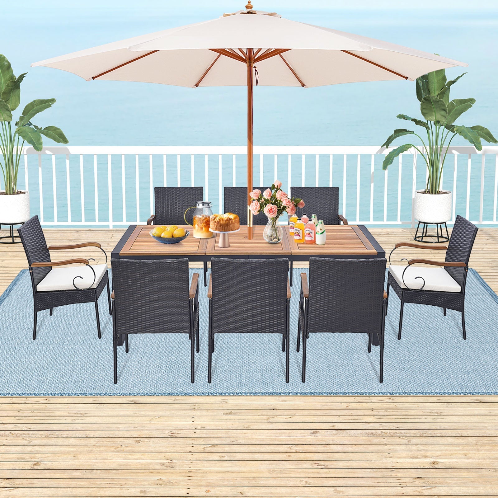 9 Pieces Patio Rattan Dining Set with Acacia Wood Table for Backyard Garden-Curved Handrail
