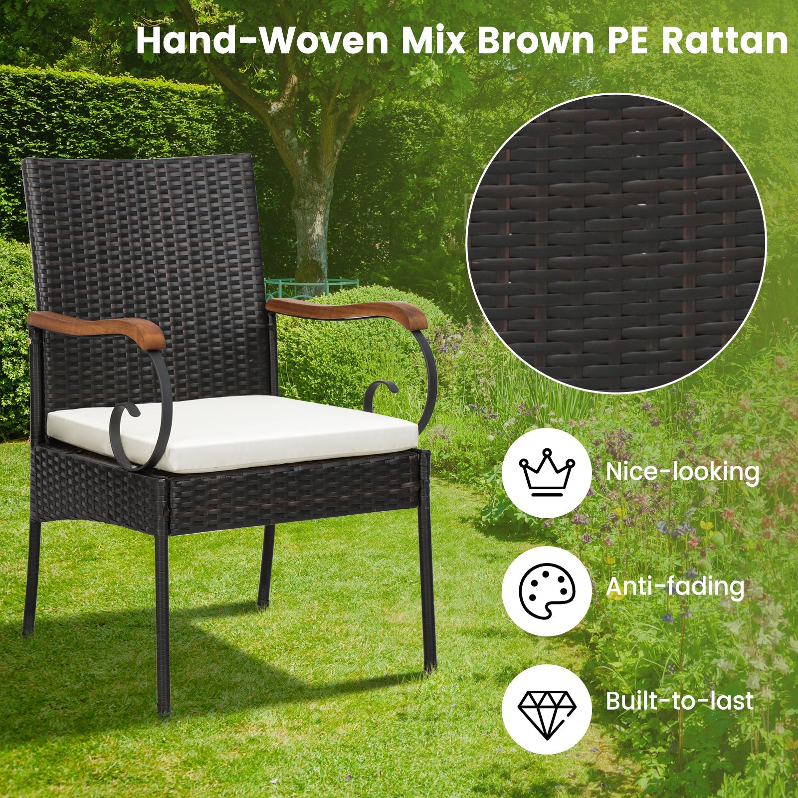 9 Pieces Patio Rattan Dining Set with Acacia Wood Table for Backyard Garden-Curved Handrail
