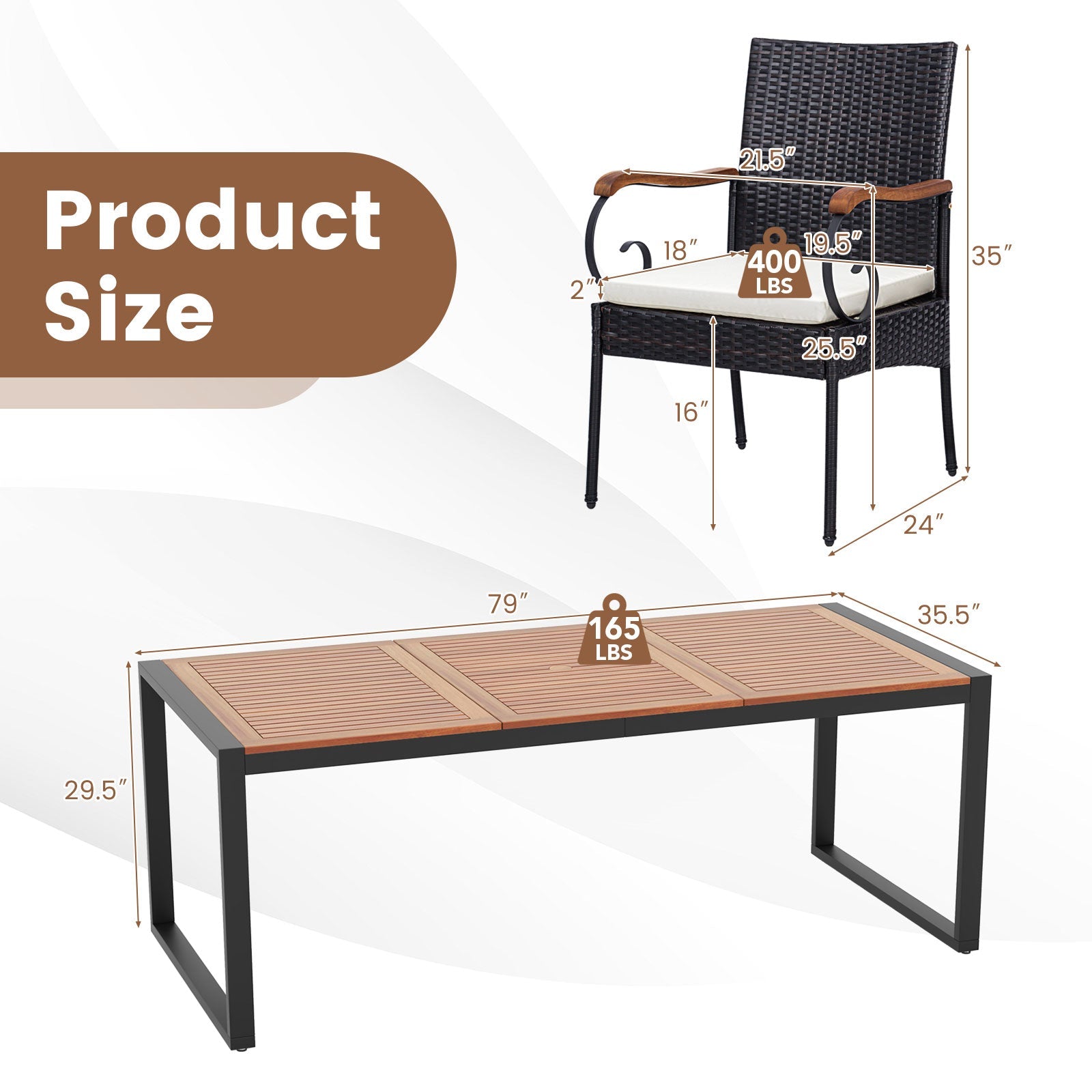 9 Pieces Patio Rattan Dining Set with Acacia Wood Table for Backyard Garden-Curved Handrail