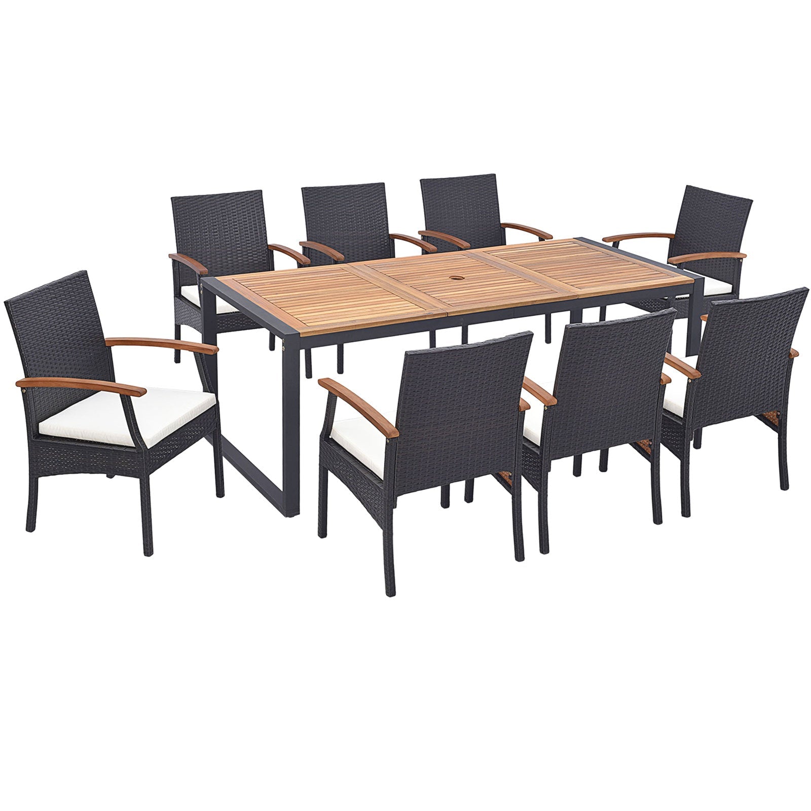 9 Pieces Patio Rattan Dining Set with Acacia Wood Table for Backyard Garden-Wood Handrail