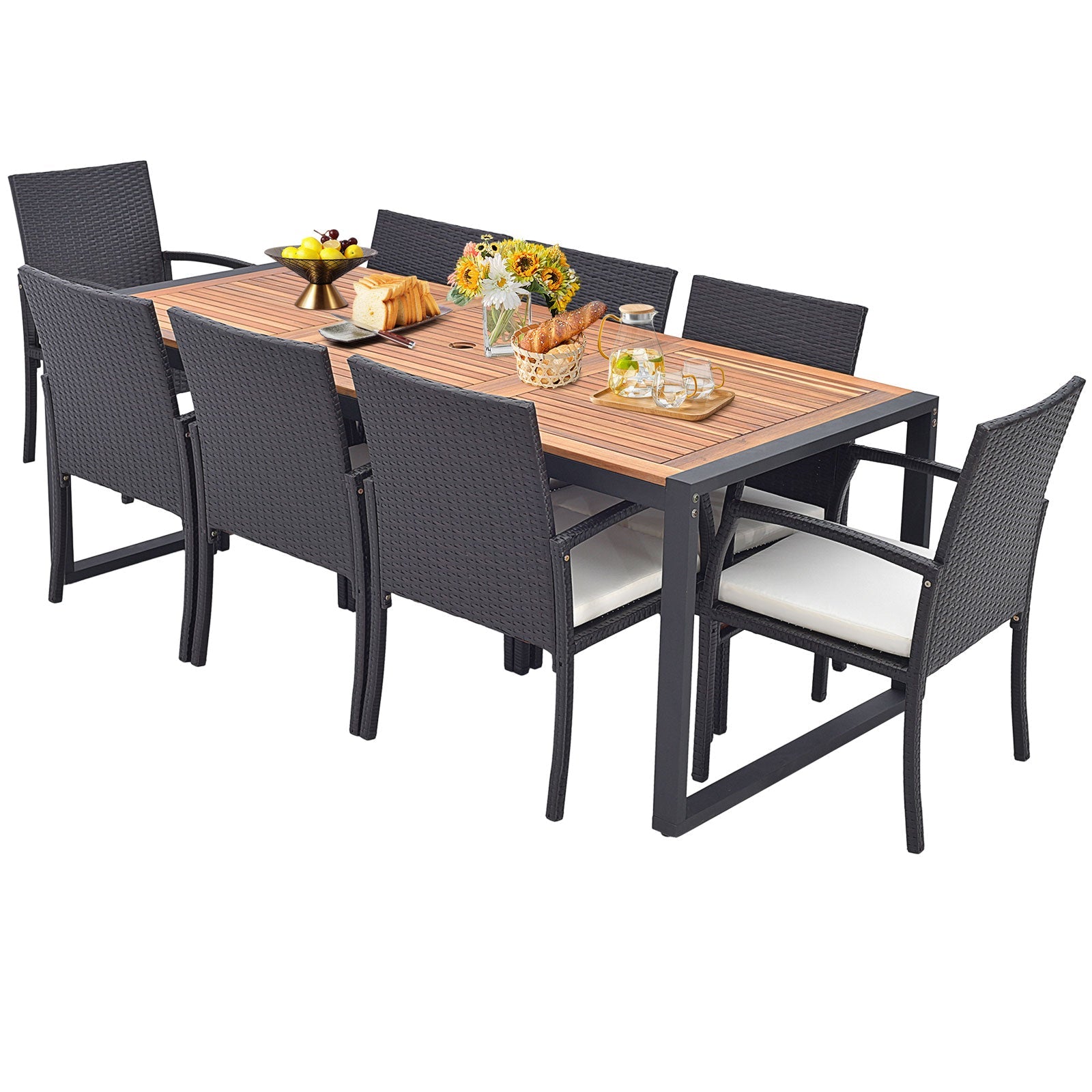 9 Pieces Patio Rattan Dining Set with Acacia Wood Table for Backyard Garden-L-shaped Handrail