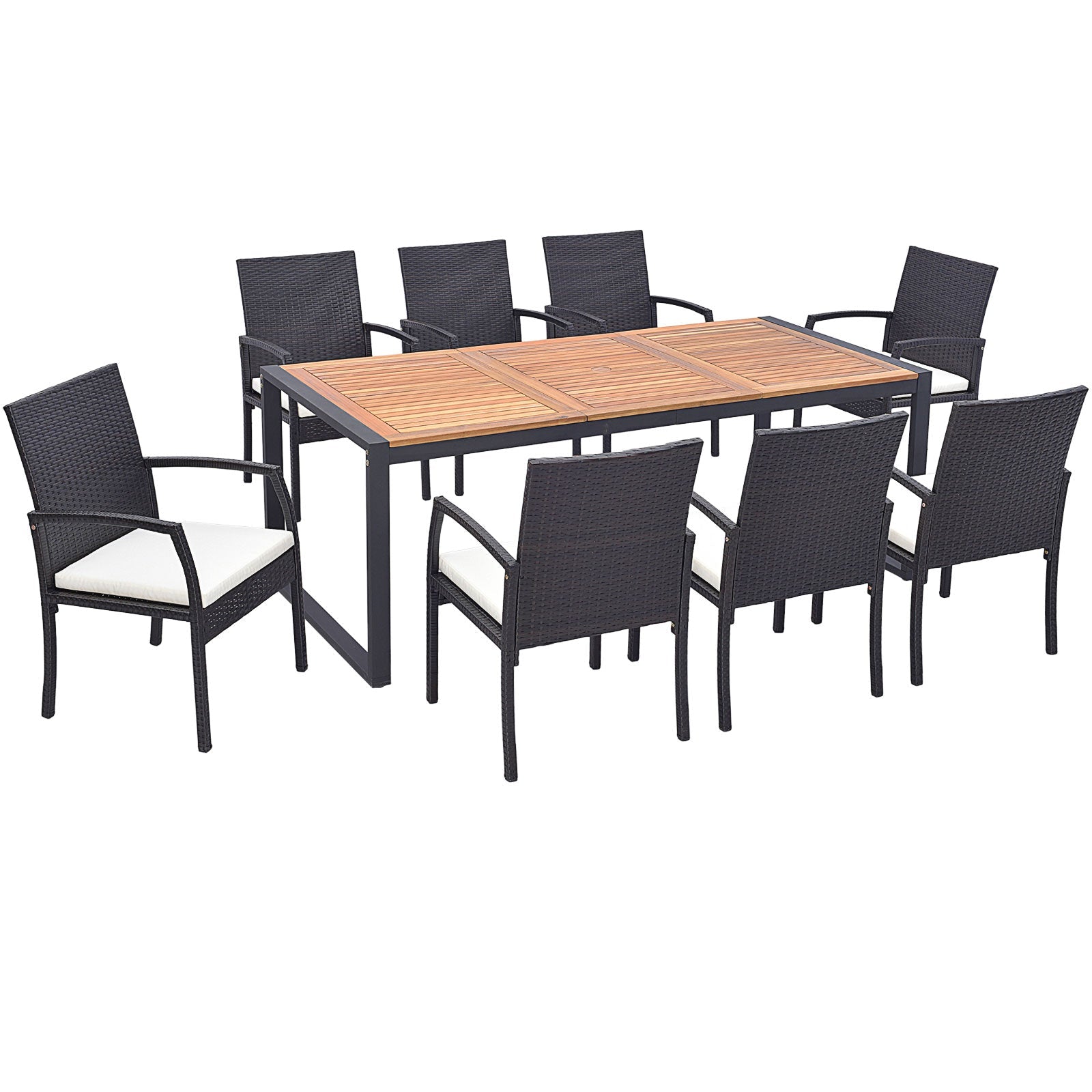 9 Pieces Patio Rattan Dining Set with Acacia Wood Table for Backyard Garden-L-shaped Handrail
