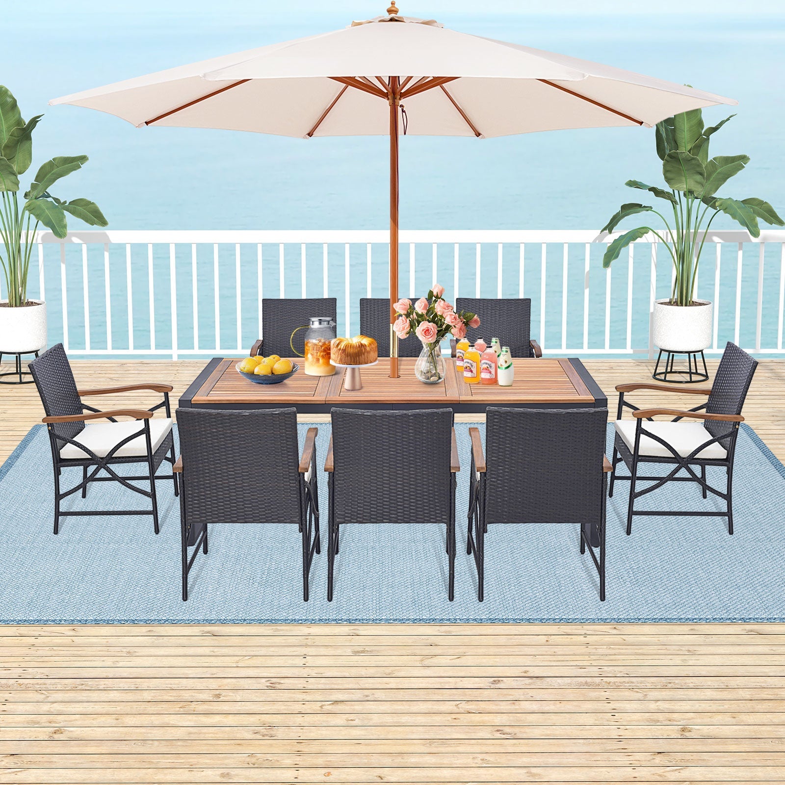 9 Pieces Patio Rattan Dining Set with Acacia Wood Table for Backyard Garden-X-side Handrail