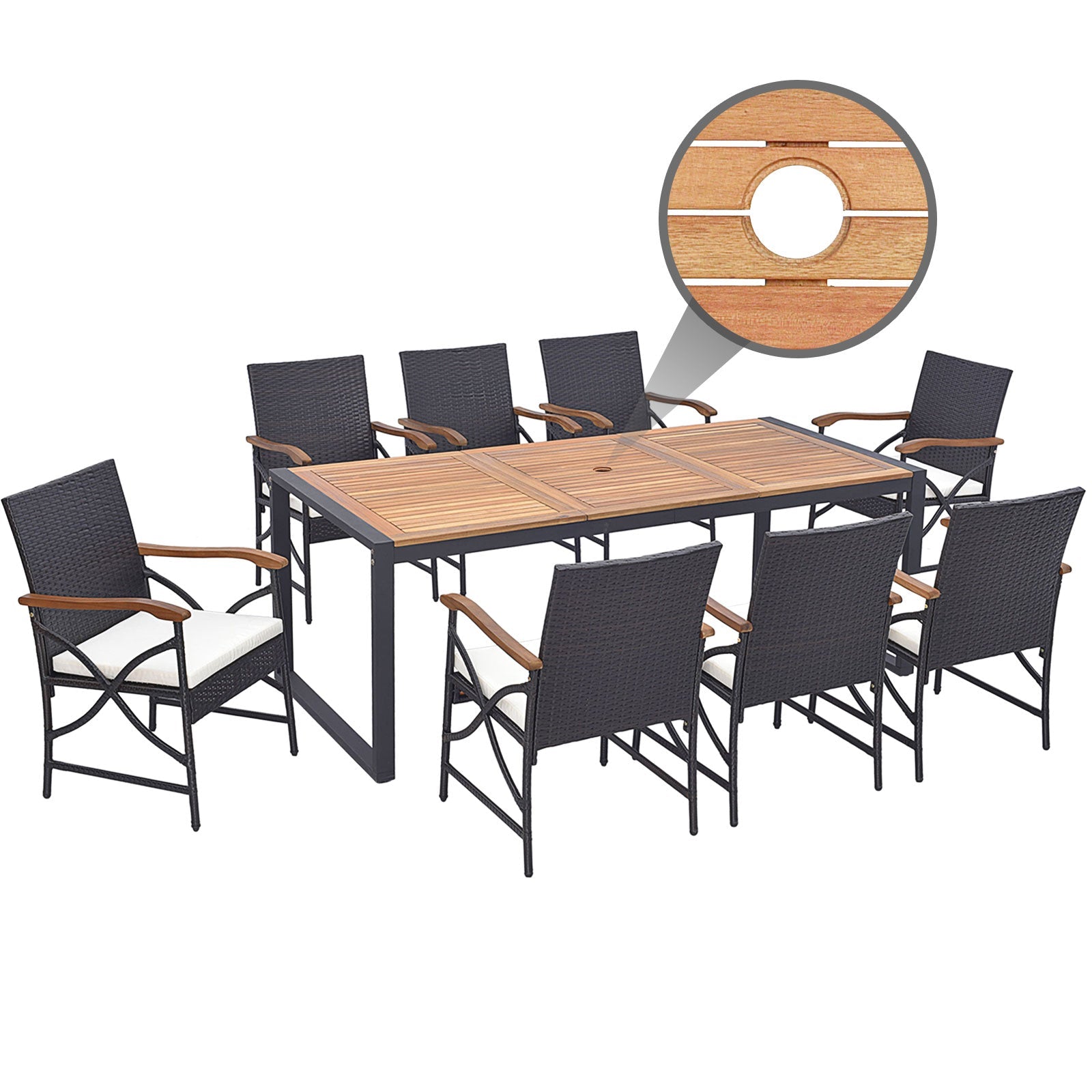 9 Pieces Patio Rattan Dining Set with Acacia Wood Table for Backyard Garden-X-side Handrail