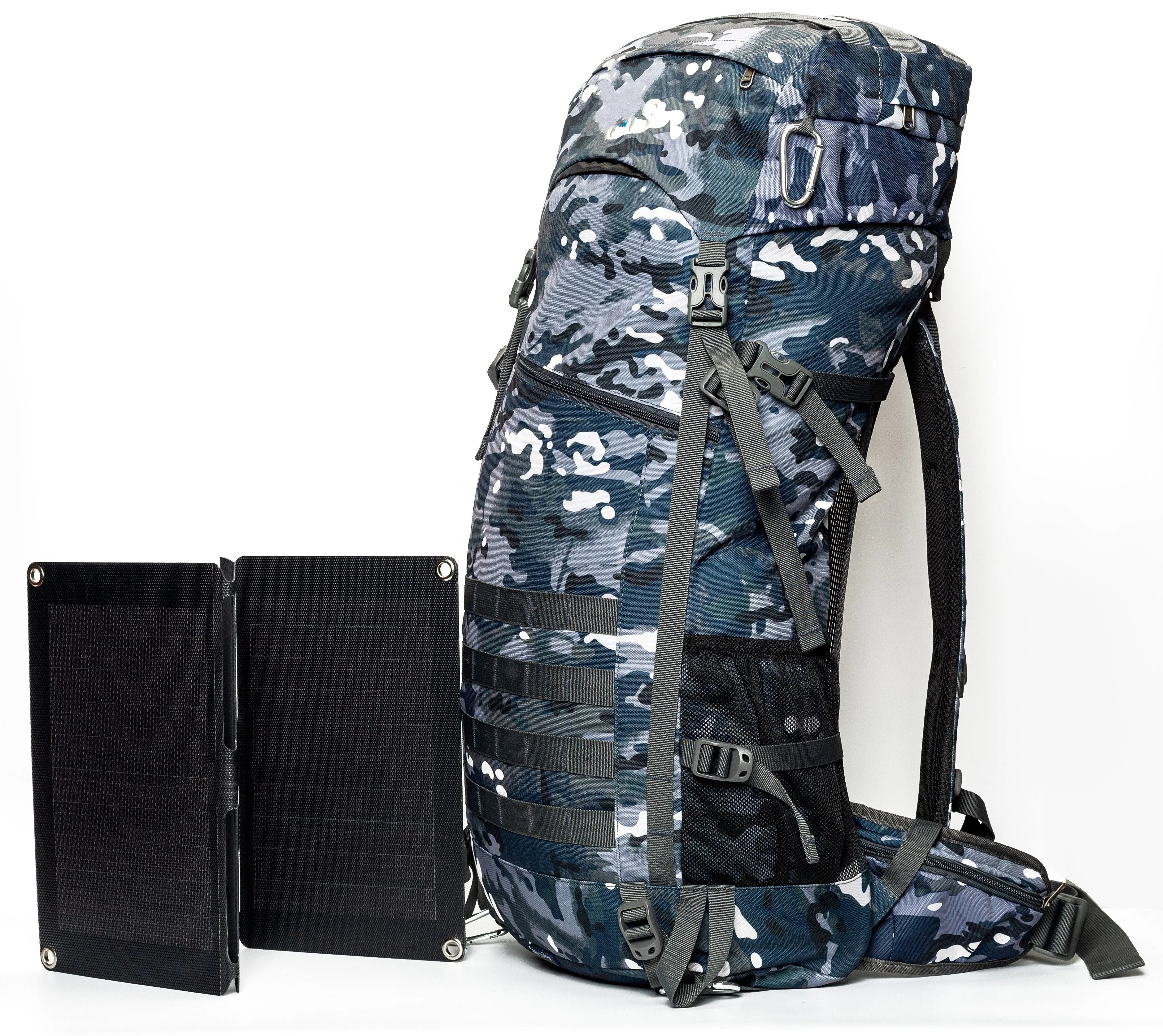 New popular hiking backpack 50l with solar panel outdoor waterproof travel mountaineering bag charger bag
