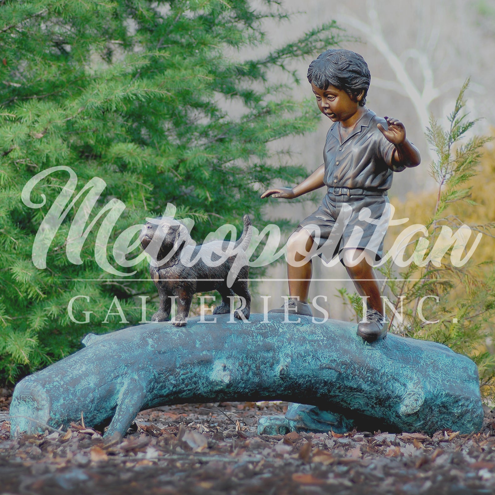 Walking Boy & Dog across Log Bronze Statue