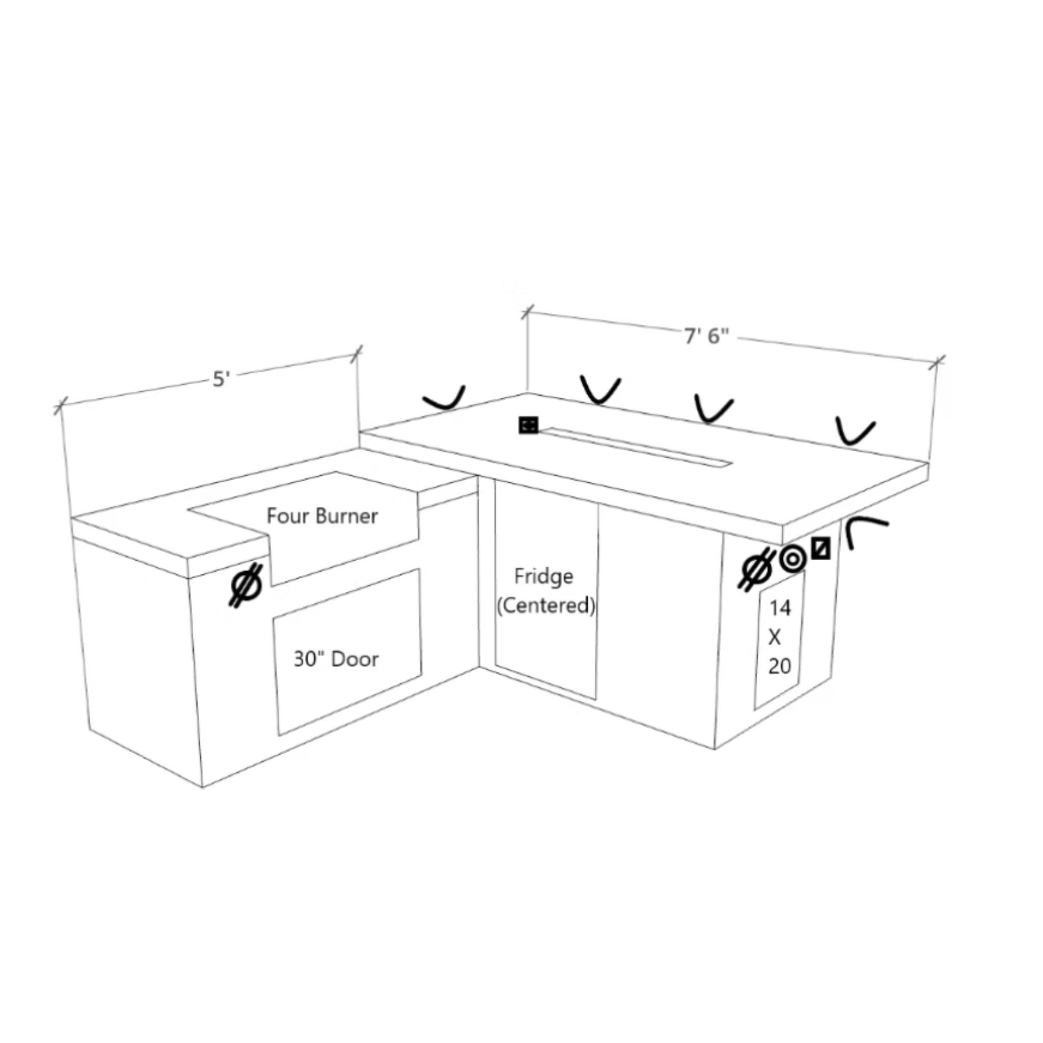 Diagram of a kitchen layout with measurements and appliances labeled