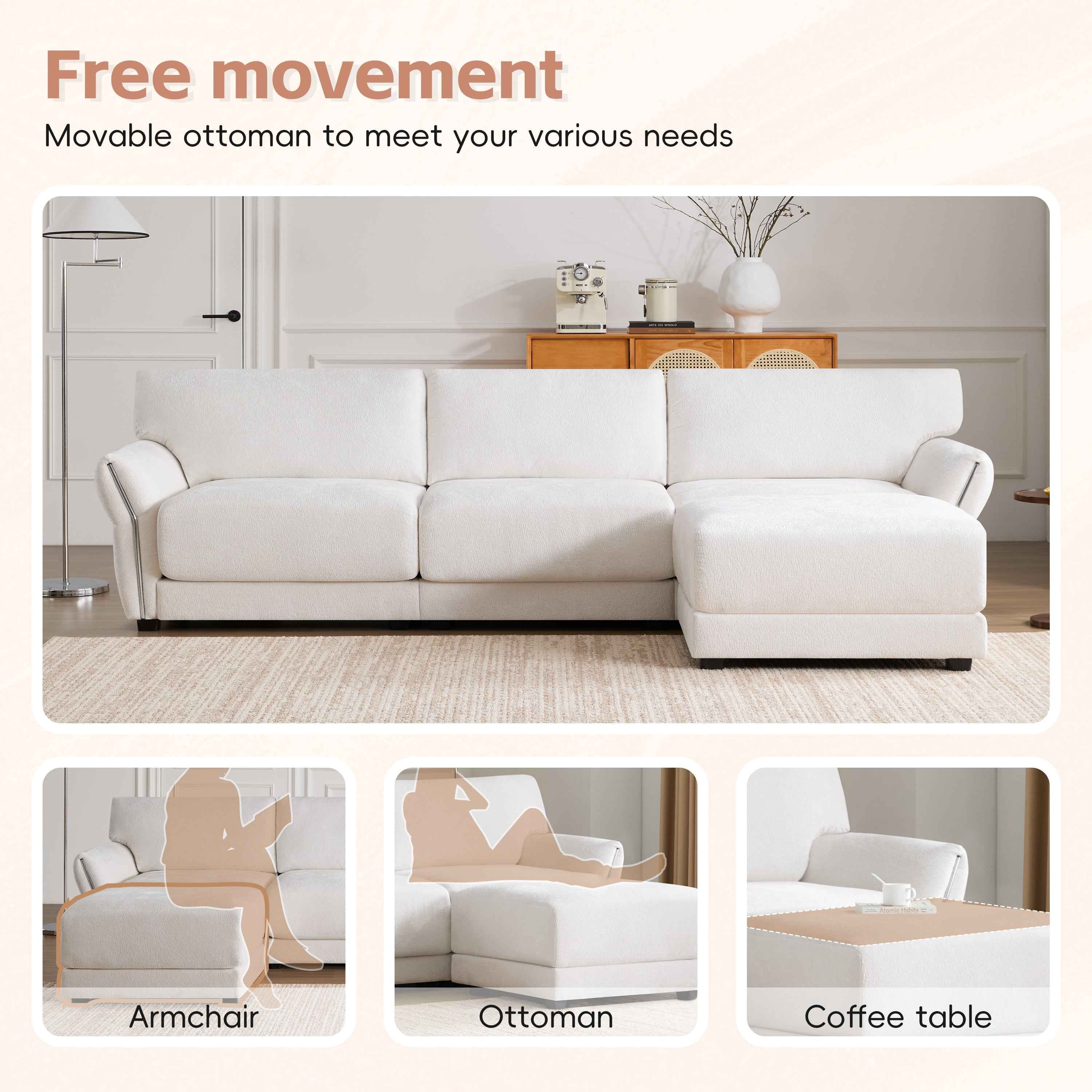 110' Modular Sectional Sofa, L-Shape with Extra-Wide Seat Cushion, USB
