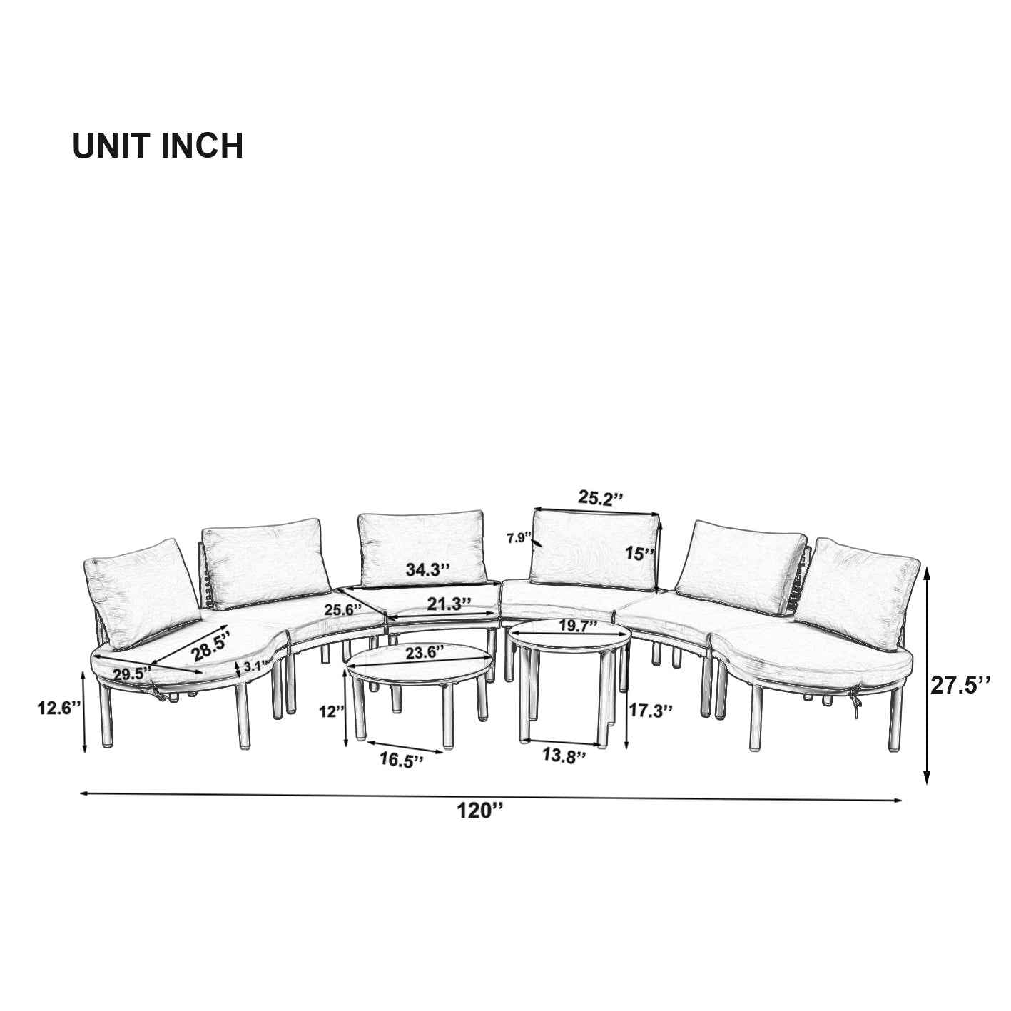 8-Piece Patio Sofa Furniture Set, Half Moon Outdoor Sectional Sofa
