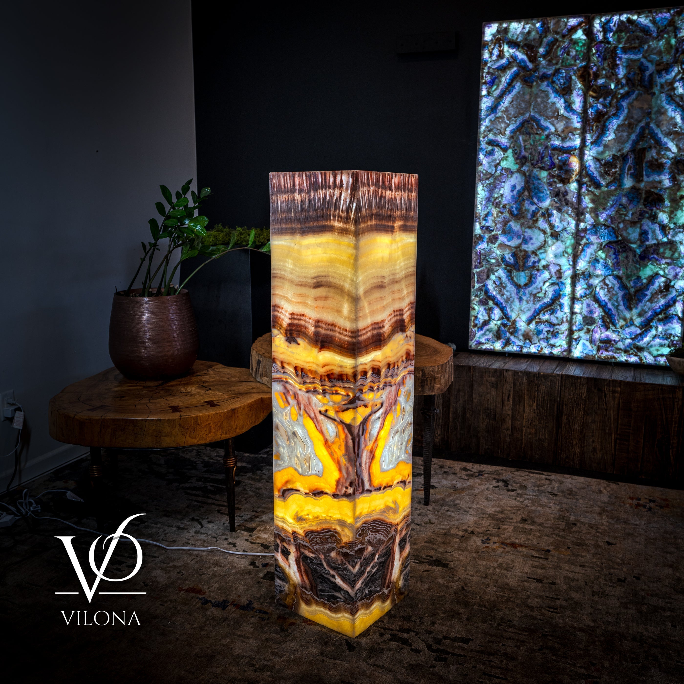 Golden Cloud Onyx Floor Lamp - Exotic Dragon Eye - Medium - 51.25"H x 12"W - Square - #2