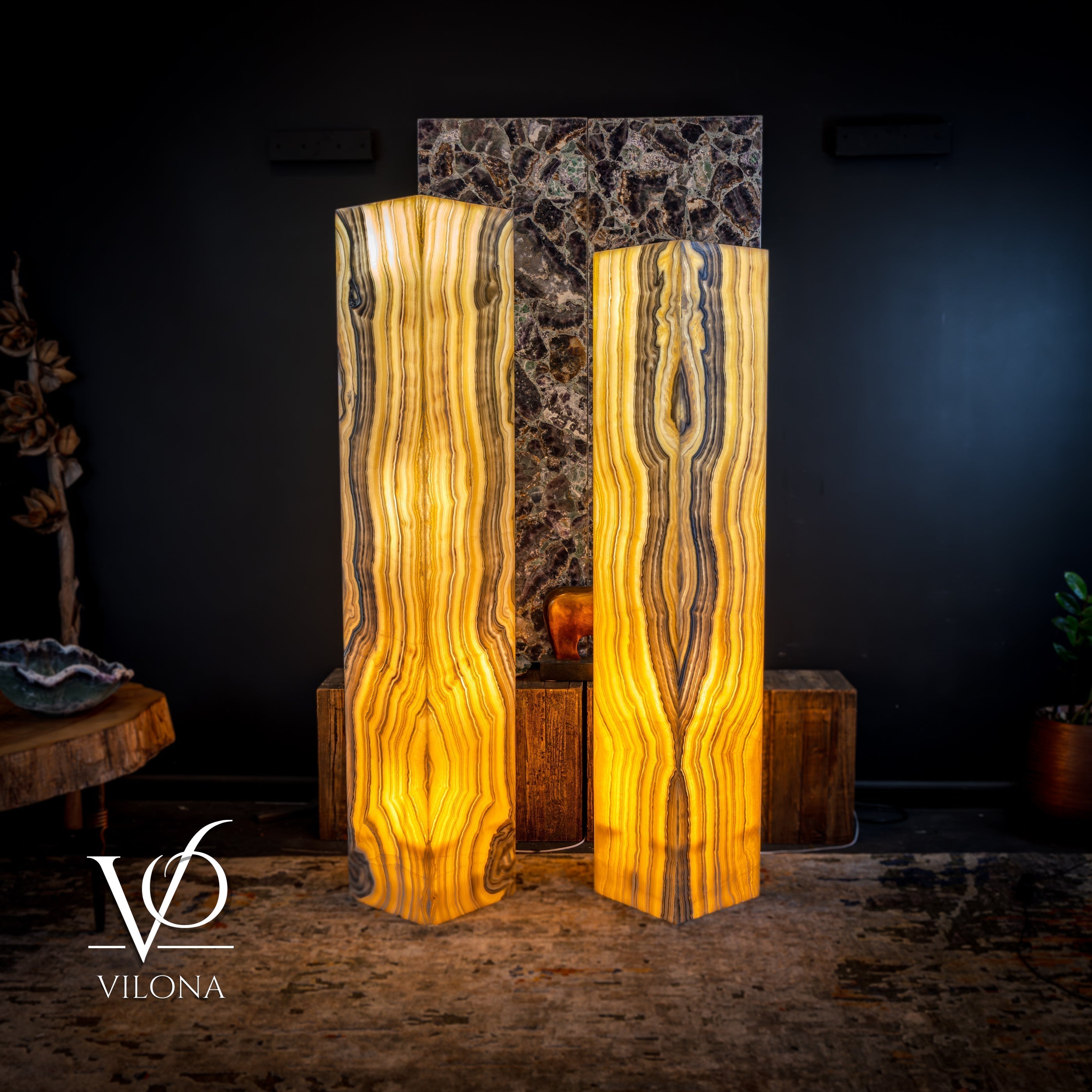 Golden Cloud Onyx Floor Lamp - Pair - Large - 63-67"H x 12-12"W - Square