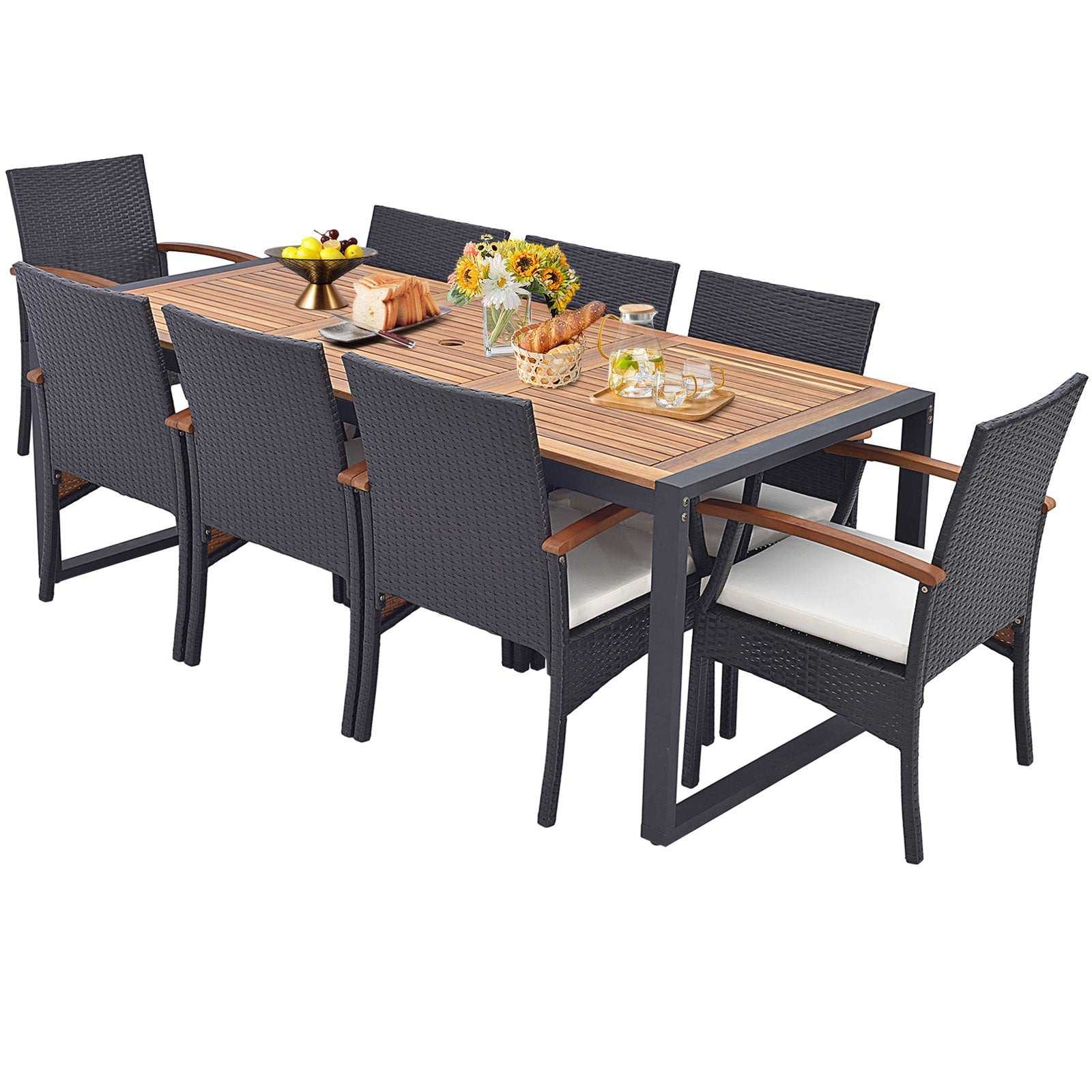 9 Pieces Patio Rattan Dining Set with Acacia Wood Table for Backyard Garden-Wood Handrail