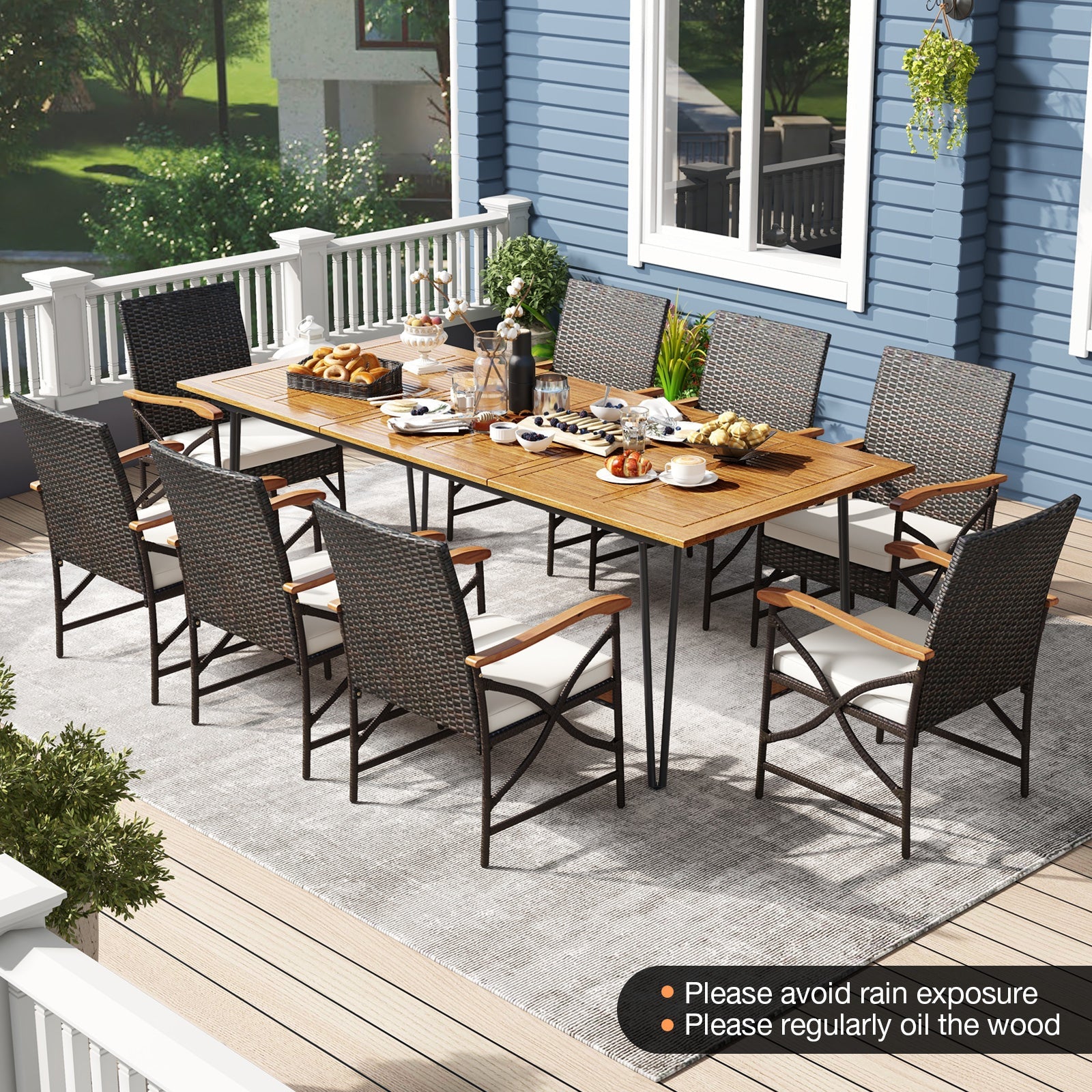 Wicker Patio Furniture Set of 8 Armchairs with Soft Cushions and Acacia Wood Square Table