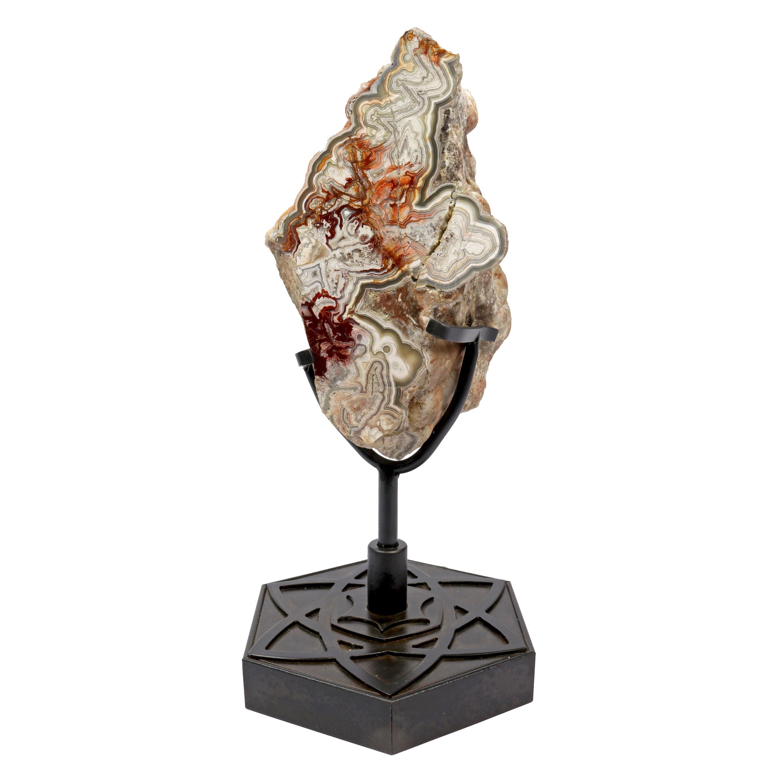 Laguna Lace Agate End Cut on a Rustic Rotating Flower of Life Custom Stand - Sacred Geometry
