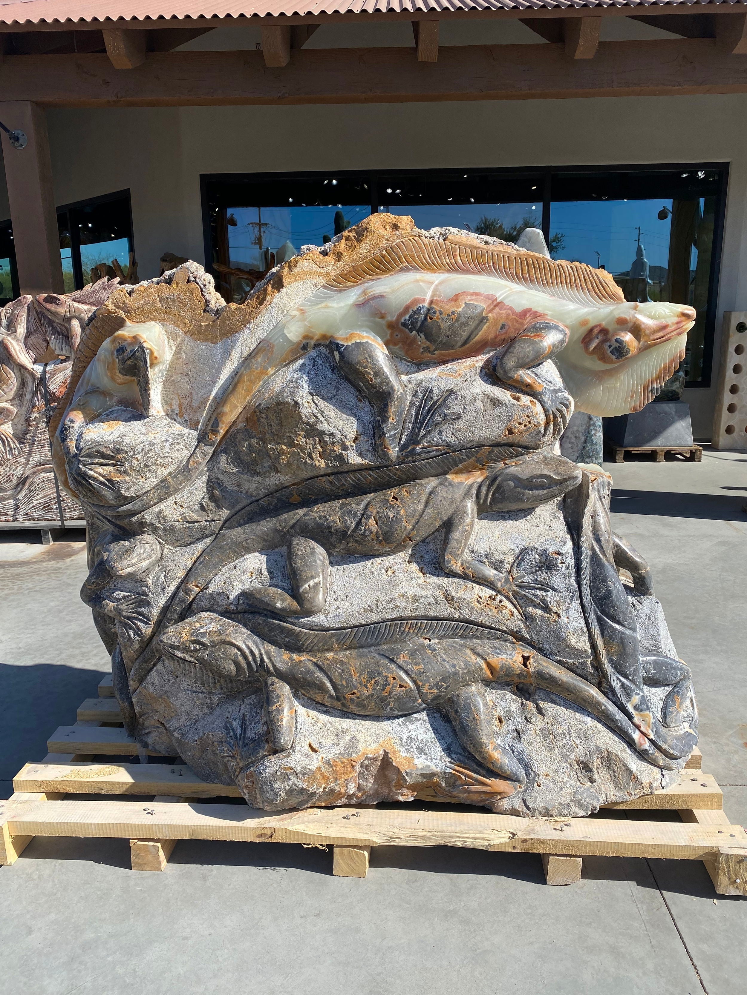 Grey Marble & Green Talan Onyx Iguana Cluster Carving With Coral - Large