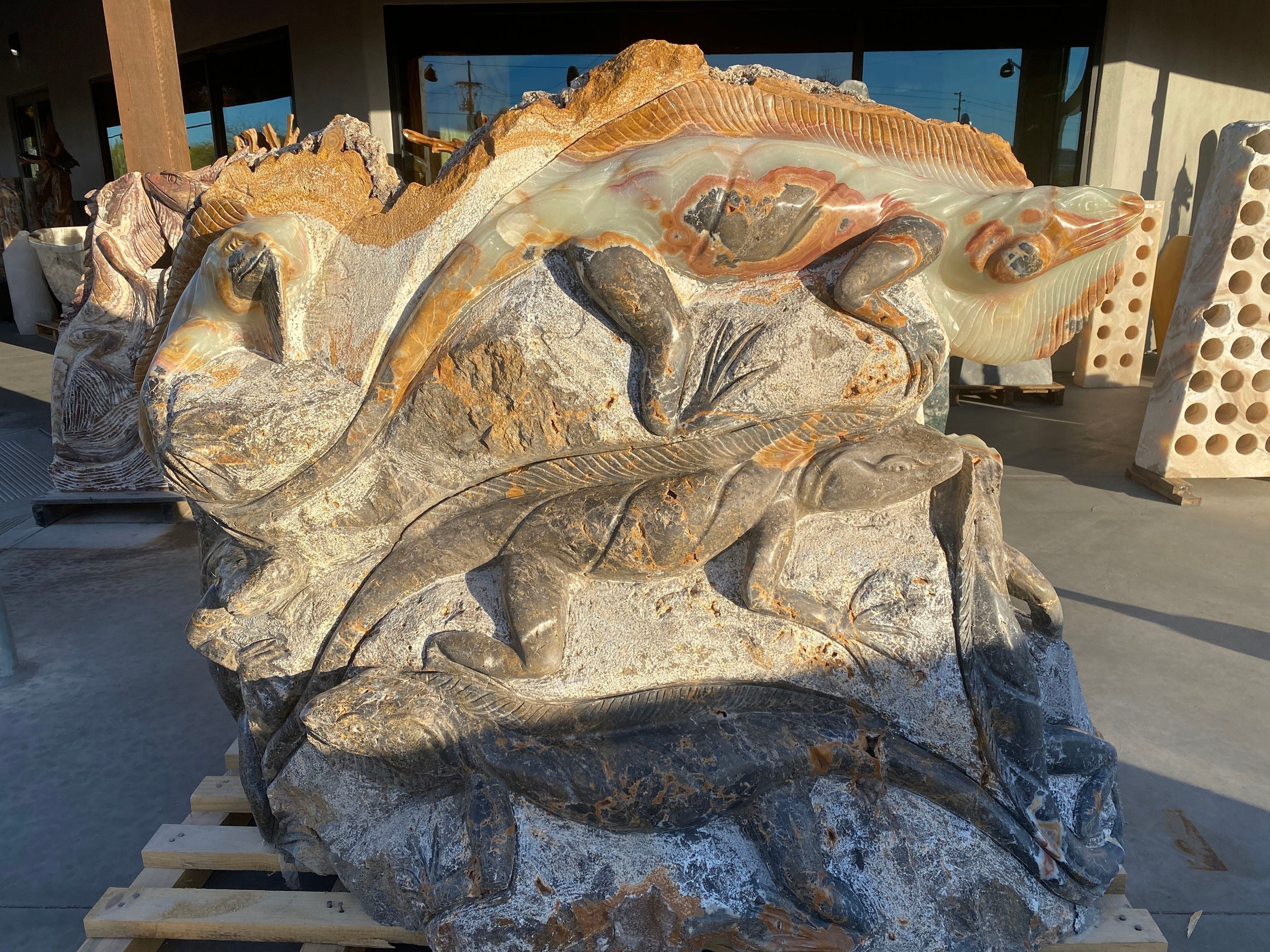 Grey Marble & Green Talan Onyx Iguana Cluster Carving With Coral - Large