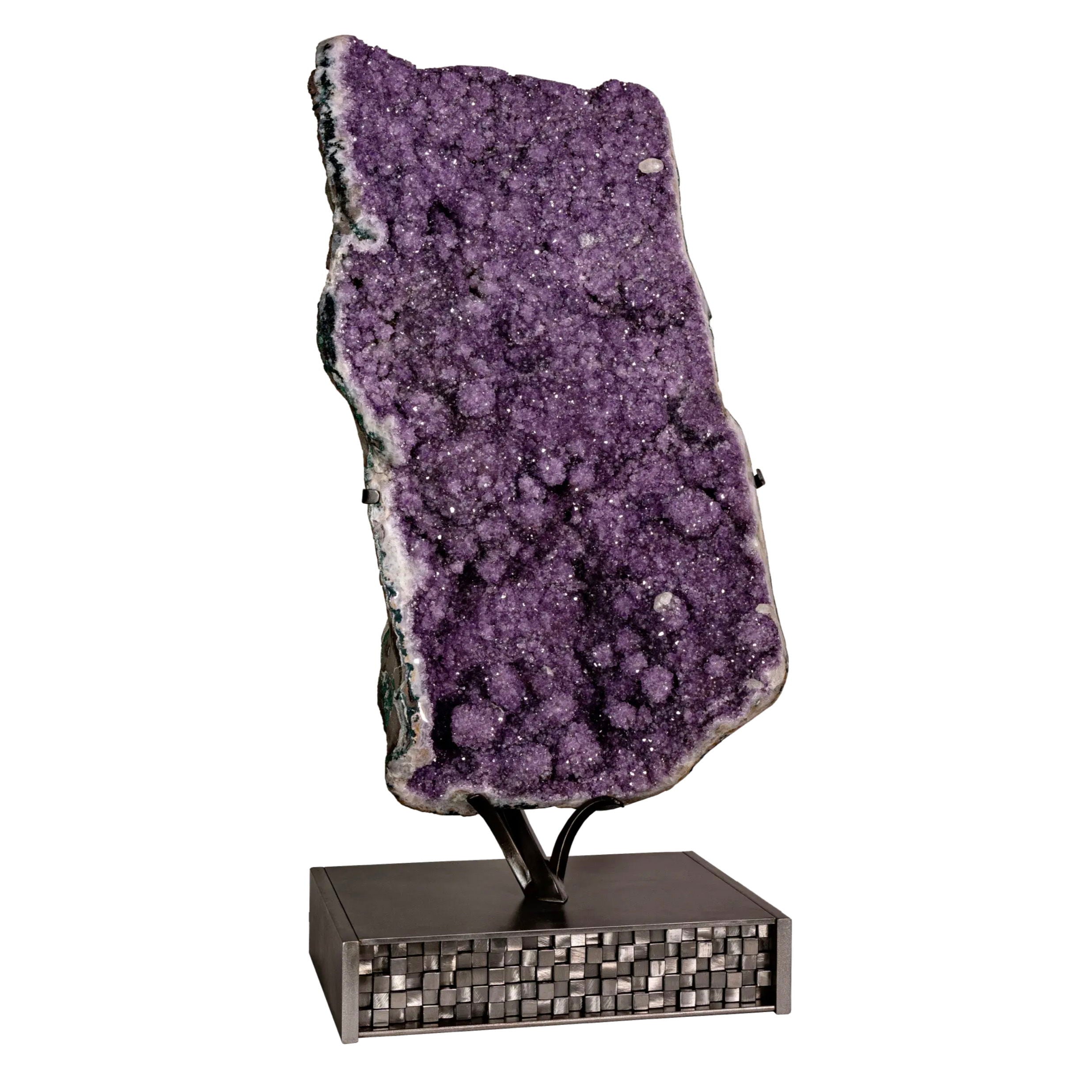 Amethyst Geode With Calcite Inclusions & Prominent Stalactite Bubbles In Custom Pixel Stand