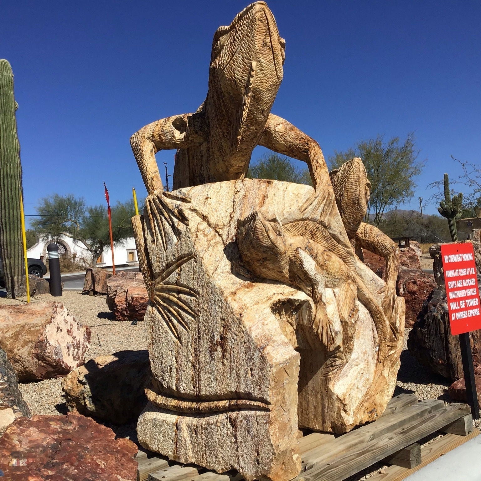 Triple Travertine Iguana Sculpture With Scale Texture