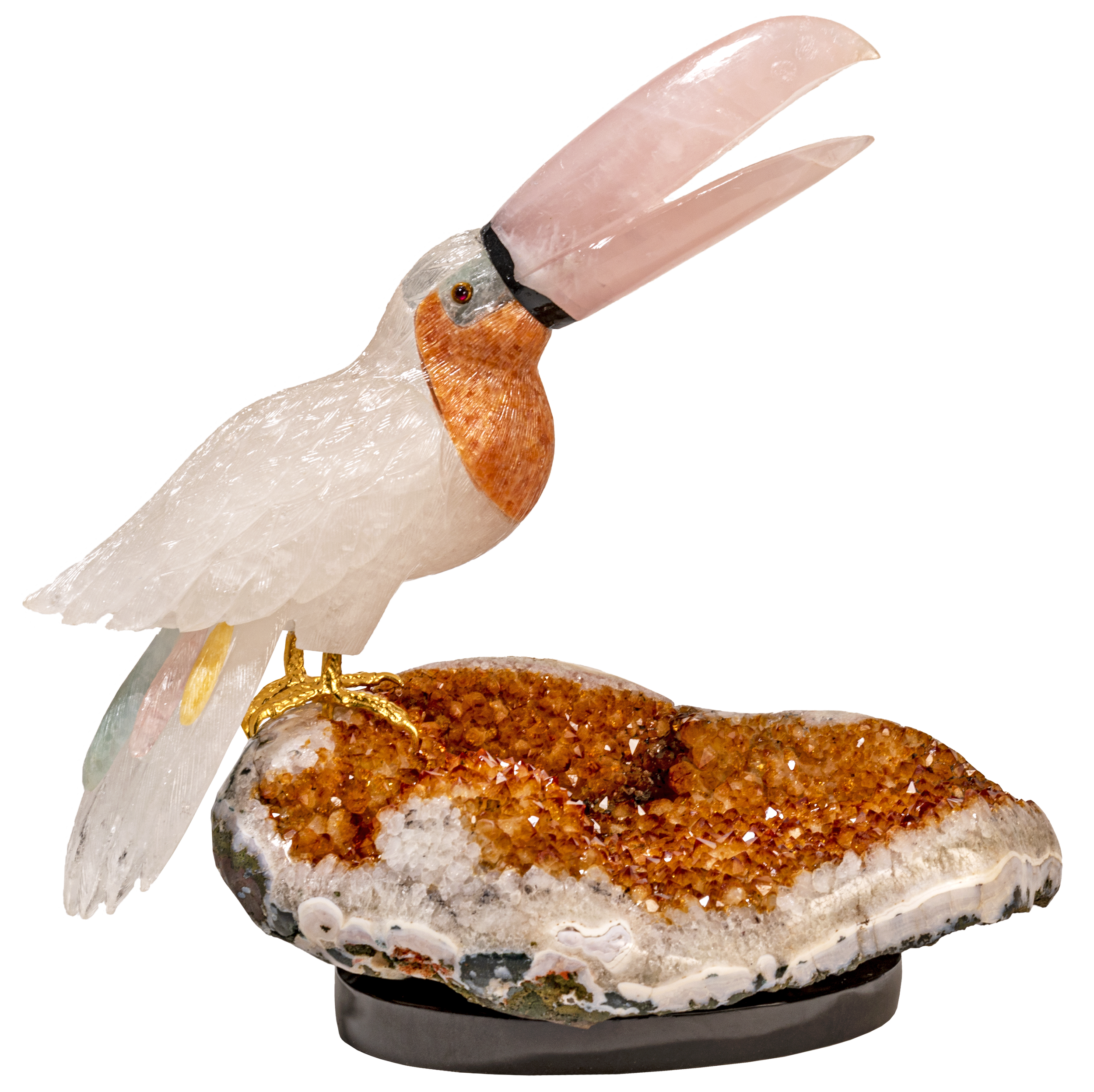 Quartz Toucan with Rose Quartz Beak & Multicolor Tail Feathers on Citrine Geode with Black Base